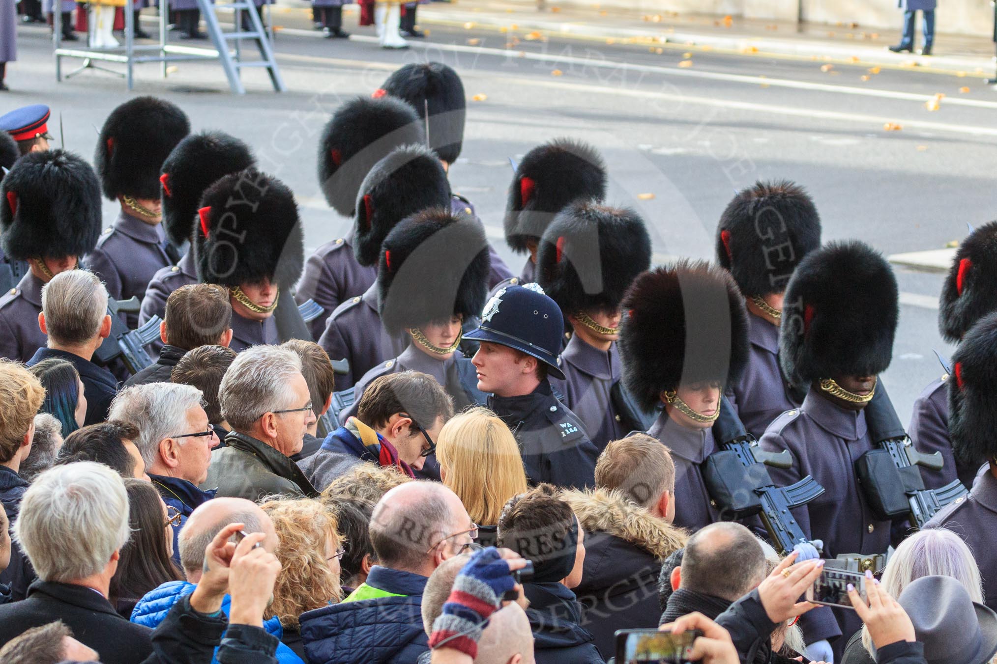 The Service detachment from the Army arrived on Whitehall before the Remembrance Sunday Cenotaph Ceremony 2018 at Horse Guards Parade, Westminster, London, 11 November 2018, 10:26.