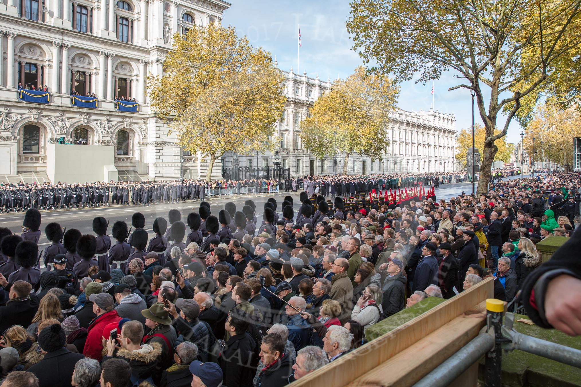 Whitehall 32 minutes before the start of the Remembrance Sunday Cenotaph Ceremony 2018 at Horse Guards Parade, Westminster, London, 11 November 2018, 10:28.