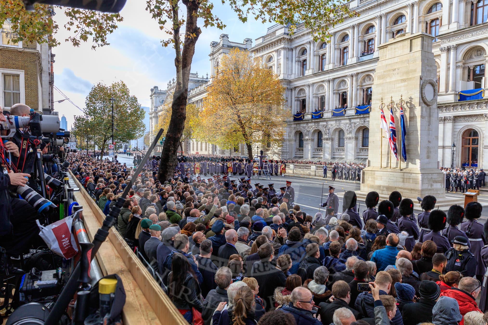 The western side of Whitehall, with the Cenotaph and the press stand, 32 minutes before the start of the Remembrance Sunday Cenotaph Ceremony 2018 at Horse Guards Parade, Westminster, London, 11 November 2018, 10:28.