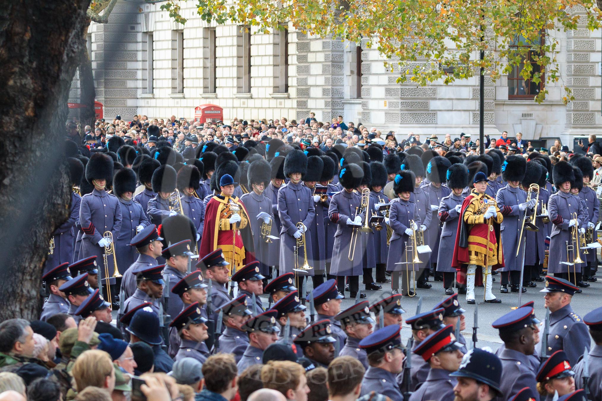 The Service detachment from the 3 Regiment Royal Logistic Corps is in position on the east side of Whitehall before the Remembrance Sunday Cenotaph Ceremony 2018 at Horse Guards Parade, Westminster, London, 11 November 2018, 10:29.