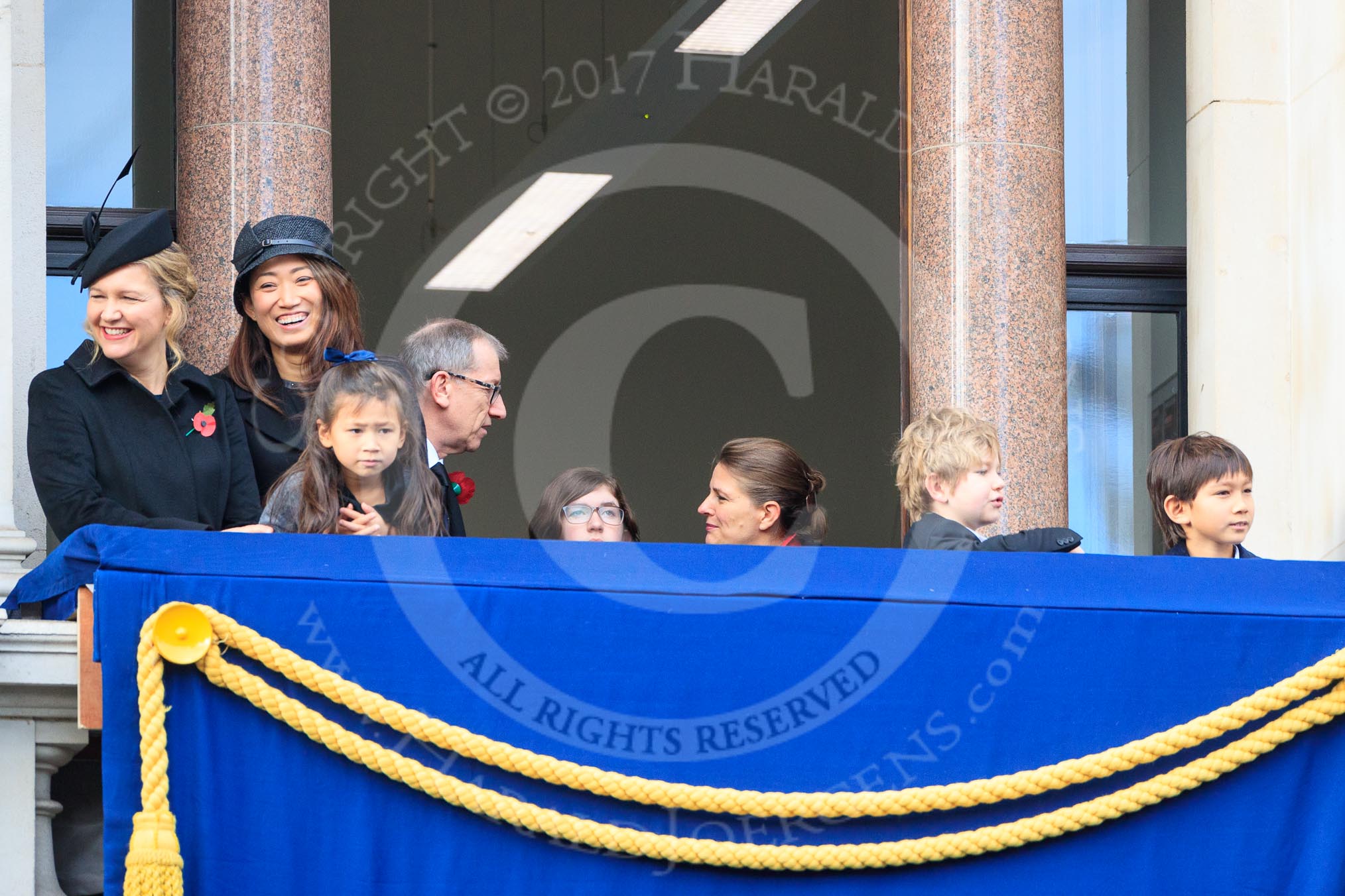 Early guests on one of the eastern balconies of the Foreign and Commonwealth Office before the Remembrance Sunday Cenotaph Ceremony 2018 at Horse Guards Parade, Westminster, London, 11 November 2018, 10:34.