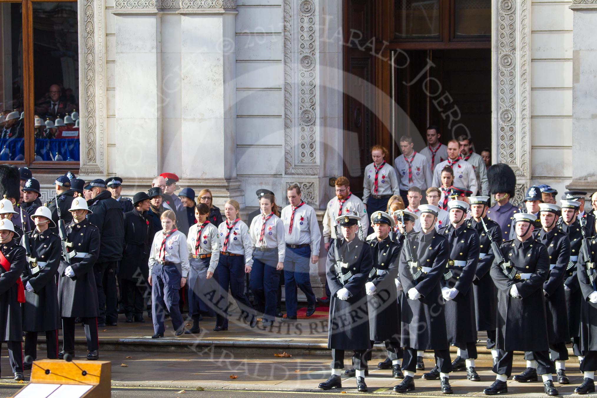 The The Queen's Scouts are leaving the Foreign and Commonwealth Office at the start of the Remembrance Sunday Cenotaph Ceremony 2018 at Horse Guards Parade, Westminster, London, 11 November 2018, 10:45.