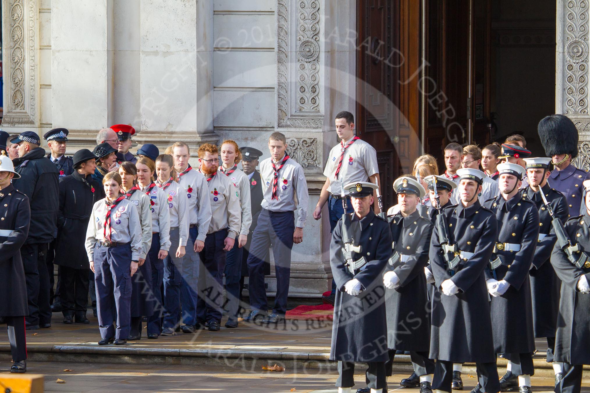 The The Queen's Scouts are leaving the Foreign and Commonwealth Office at the start of the Remembrance Sunday Cenotaph Ceremony 2018 at Horse Guards Parade, Westminster, London, 11 November 2018, 10:45.