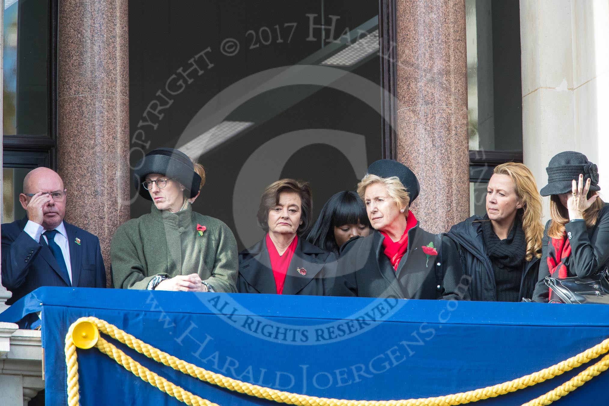 Guests on one of the eastern balconies of the Foreign and Commonwealth Office, with Cherie Blair in the centre, before the Remembrance Sunday Cenotaph Ceremony 2018 at Horse Guards Parade, Westminster, London, 11 November 2018, 10:53.