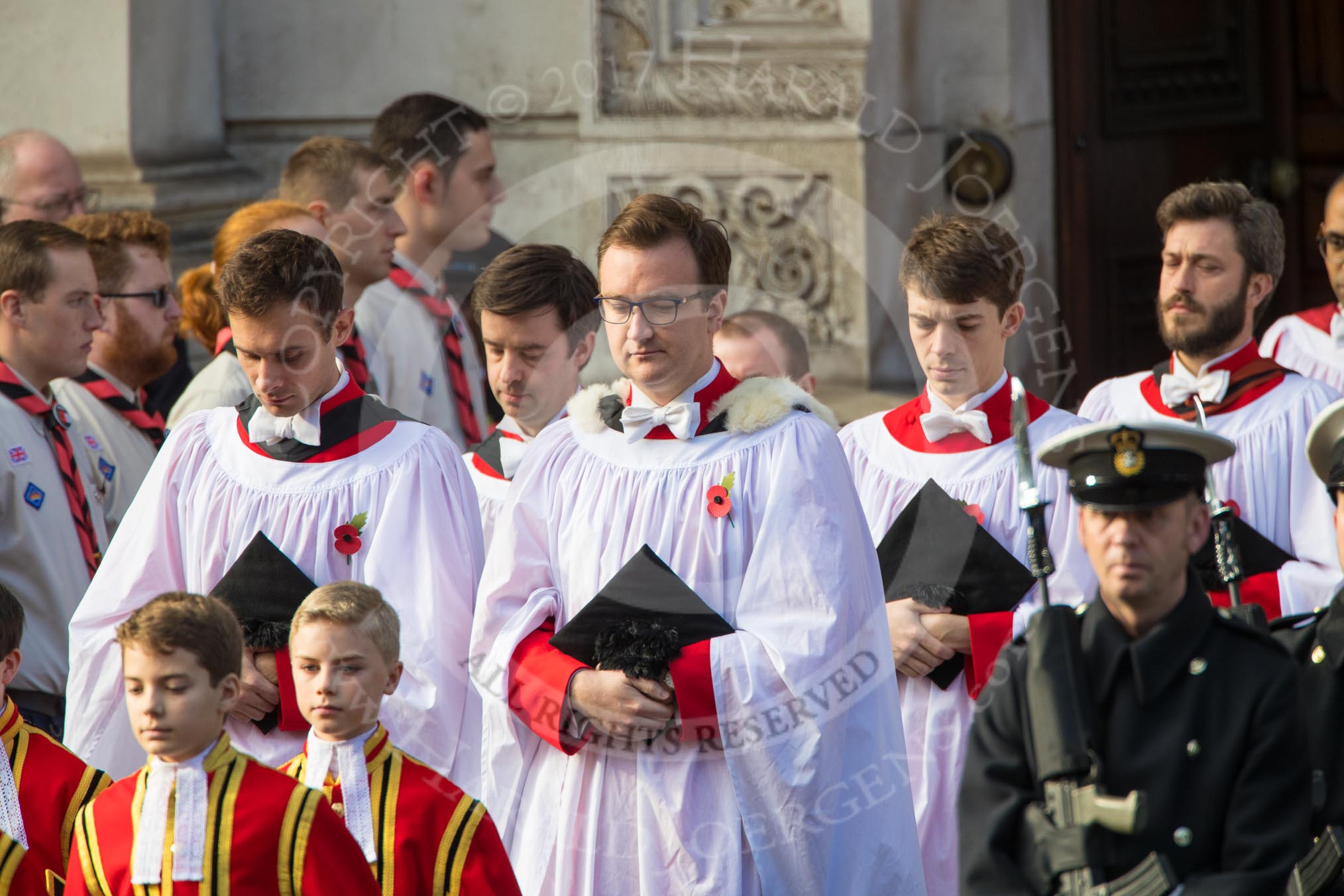 The Bishop’s Procession leaving the Foreign and Commonwealth Office, here the 6 Gentlemen-in-Ordinary following the 10 Children of the Chapel Royal during the Remembrance Sunday Cenotaph Ceremony 2018 at Horse Guards Parade, Westminster, London, 11 November 2018, 10:53.