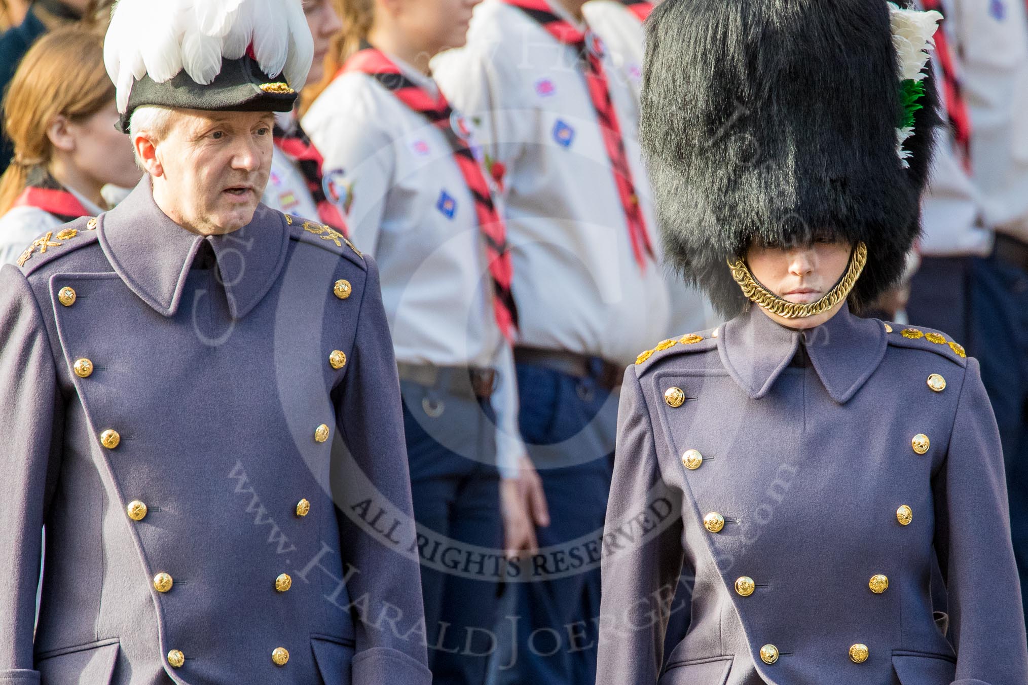 The General Officer Commanding London District, Major General Ben Bathurst CBE, and Captain Bethan Waters, Welsh Guards Aide-de-Camp to The Major General,  leaving the Foreign and Commonwealth Office during Remembrance Sunday Cenotaph Ceremony 2018 at Horse Guards Parade, Westminster, London, 11 November 2018, 10:53.  Bethan Waters is a Captain in the Corps of Army Music and Assistant Director of Music of the Welsh Guards Band and a very good singer too!