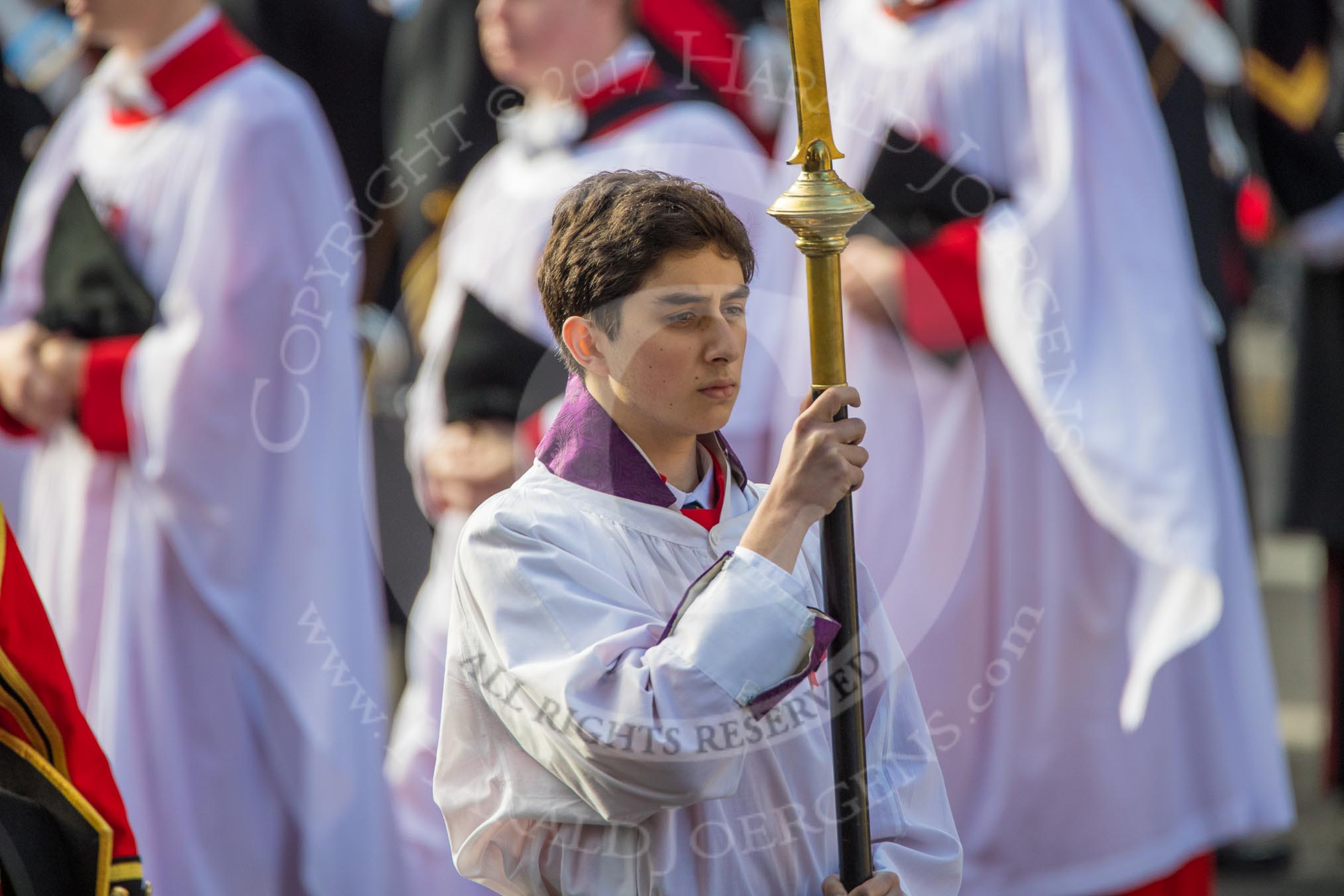 The Cross­Bearer, Michael Clayton Jolly, during Remembrance Sunday Cenotaph Ceremony 2018 at Horse Guards Parade, Westminster, London, 11 November 2018, 10:54.