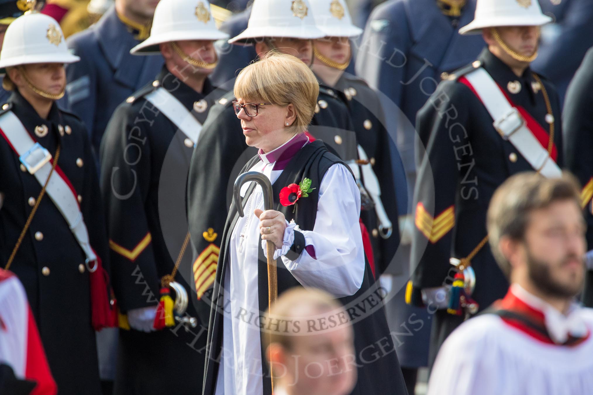 The Right Reverend and Right Honourable Dame Sarah Mullally DBE, the Lord Bishop of London, during Remembrance Sunday Cenotaph Ceremony 2018 at Horse Guards Parade, Westminster, London, 11 November 2018, 10:54.