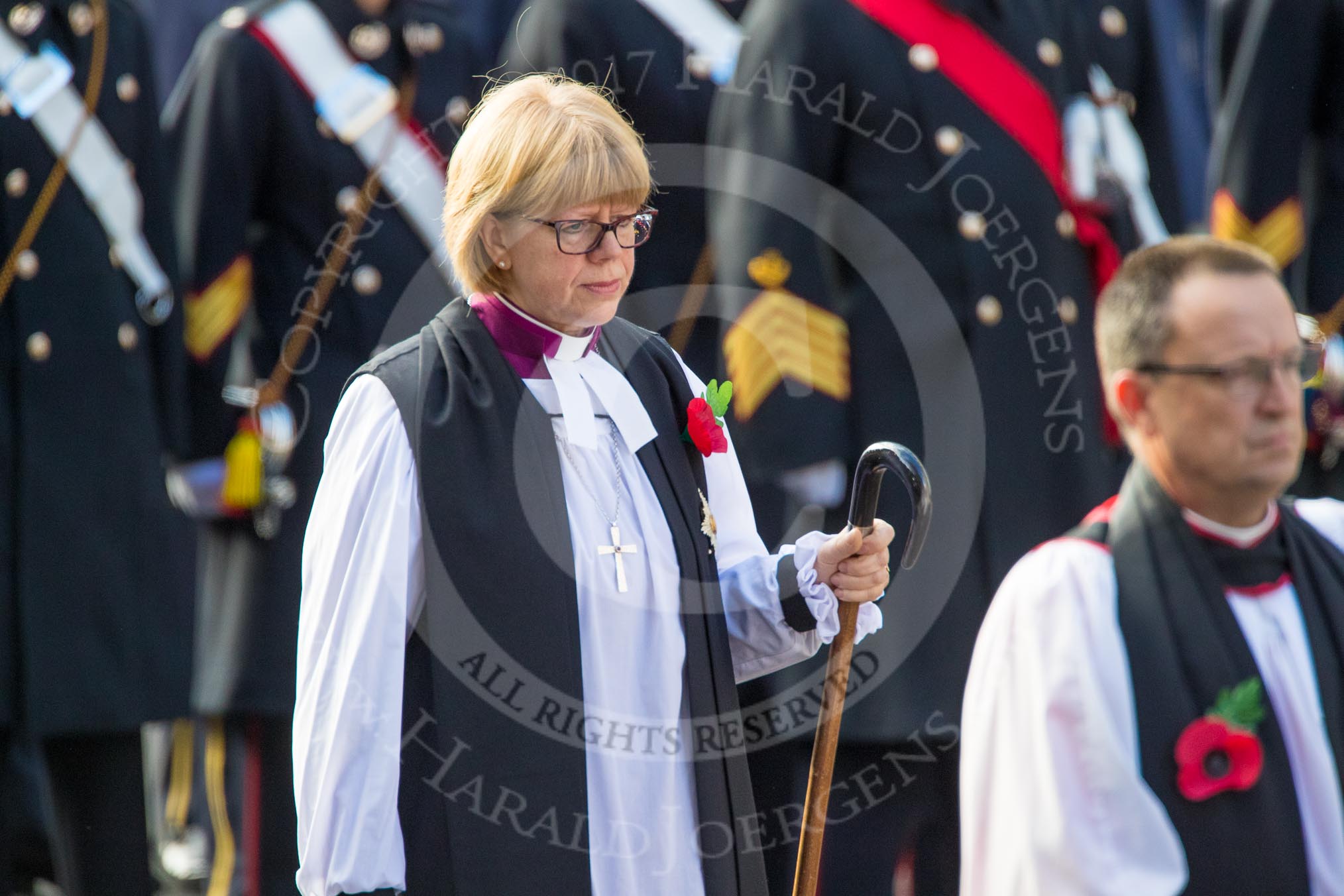 The Right Reverend and Right Honourable Dame Sarah Mullally DBE, the Lord Bishop of London during the Remembrance Sunday Cenotaph Ceremony 2018 at Horse Guards Parade, Westminster, London, 11 November 2018, 10:54.