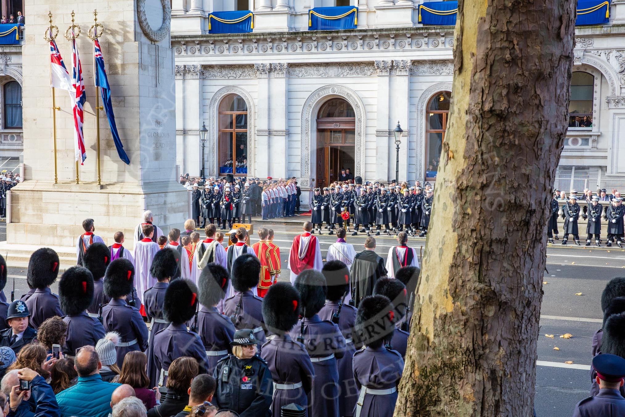 The Bishop’s Procession in position on Whitehall during the Remembrance Sunday Cenotaph Ceremony 2018 at Horse Guards Parade, Westminster, London, 11 November 2018, 10:55.