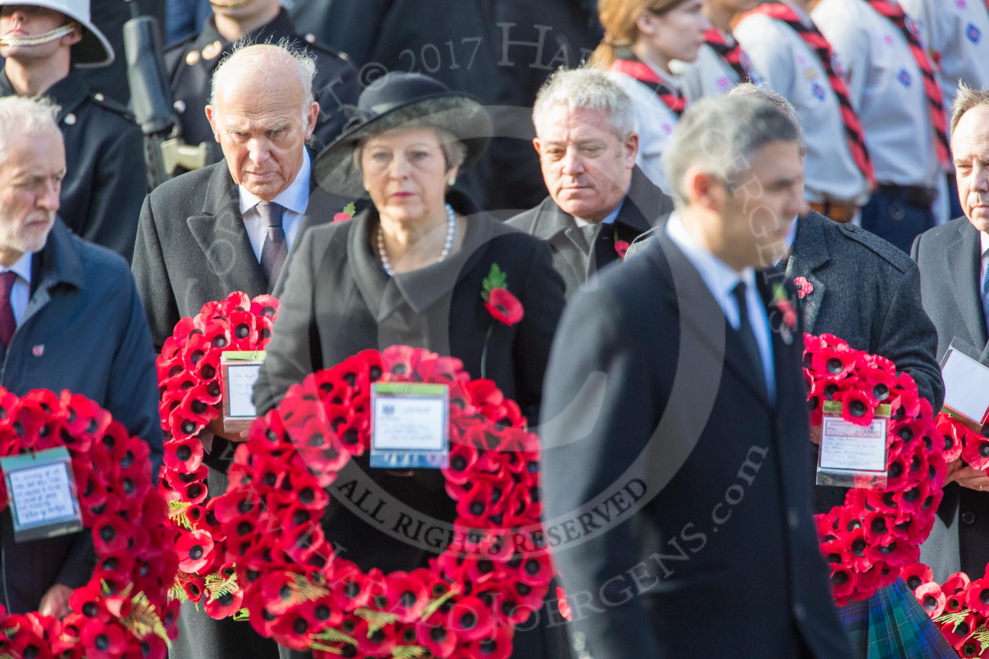 In focus The Rt Hon Vince Cable MP (Leader of the Liberal Democrats) and The Rt Hon John Bercow MP, Speaker of the House of Commons (on behalf of Parliament representing members of the House of Commons) as they are leaving the Foreign and Commonwealth Office with their wreaths during Remembrance Sunday Cenotaph Ceremony 2018 at Horse Guards Parade, Westminster, London, 11 November 2018, 10:55.