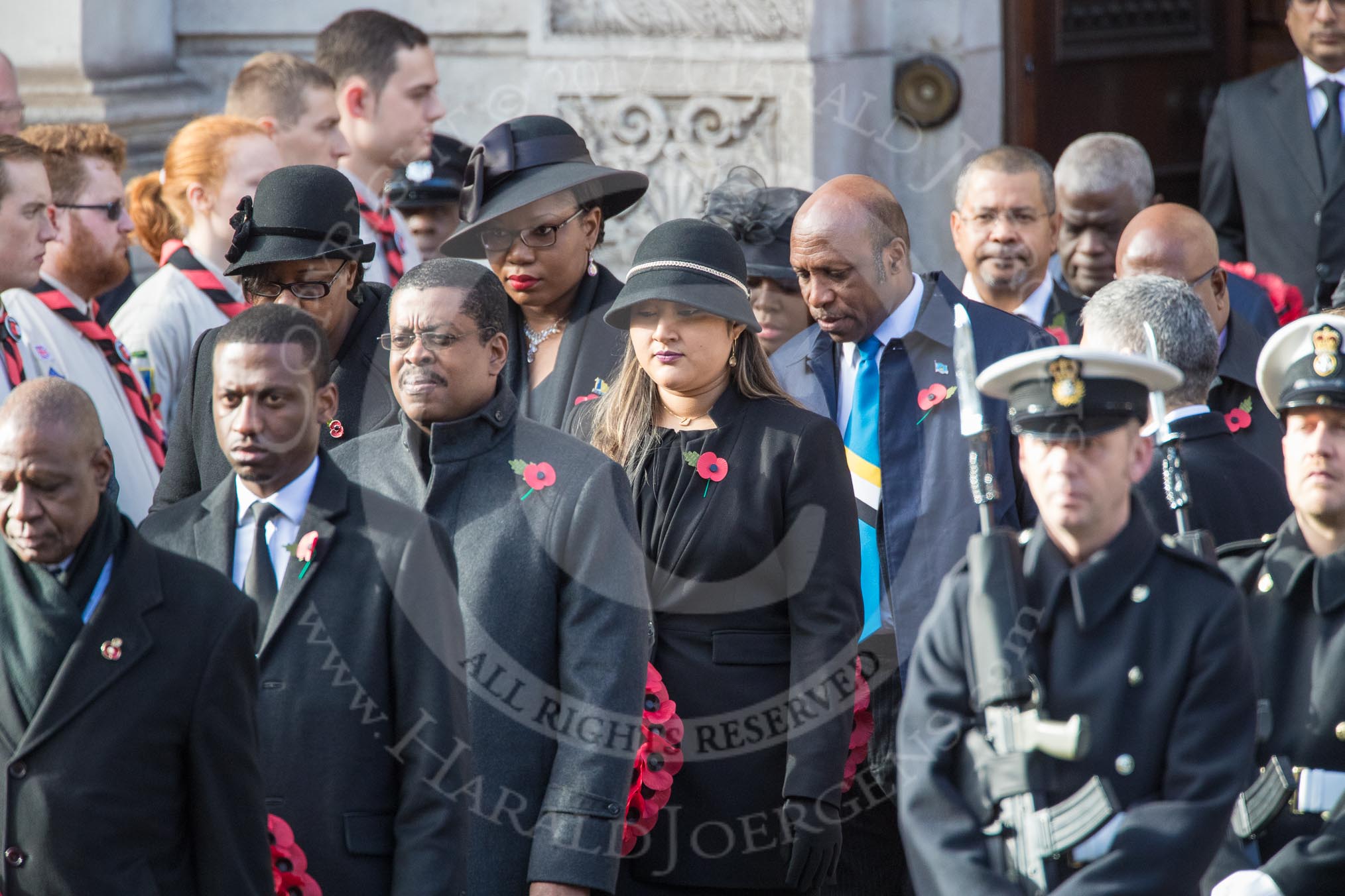 The High Commissioners are leaving the Foreign and Commonwealth Office during the Remembrance Sunday Cenotaph Ceremony 2018 at Horse Guards Parade, Westminster, London, 11 November 2018, 10:56.