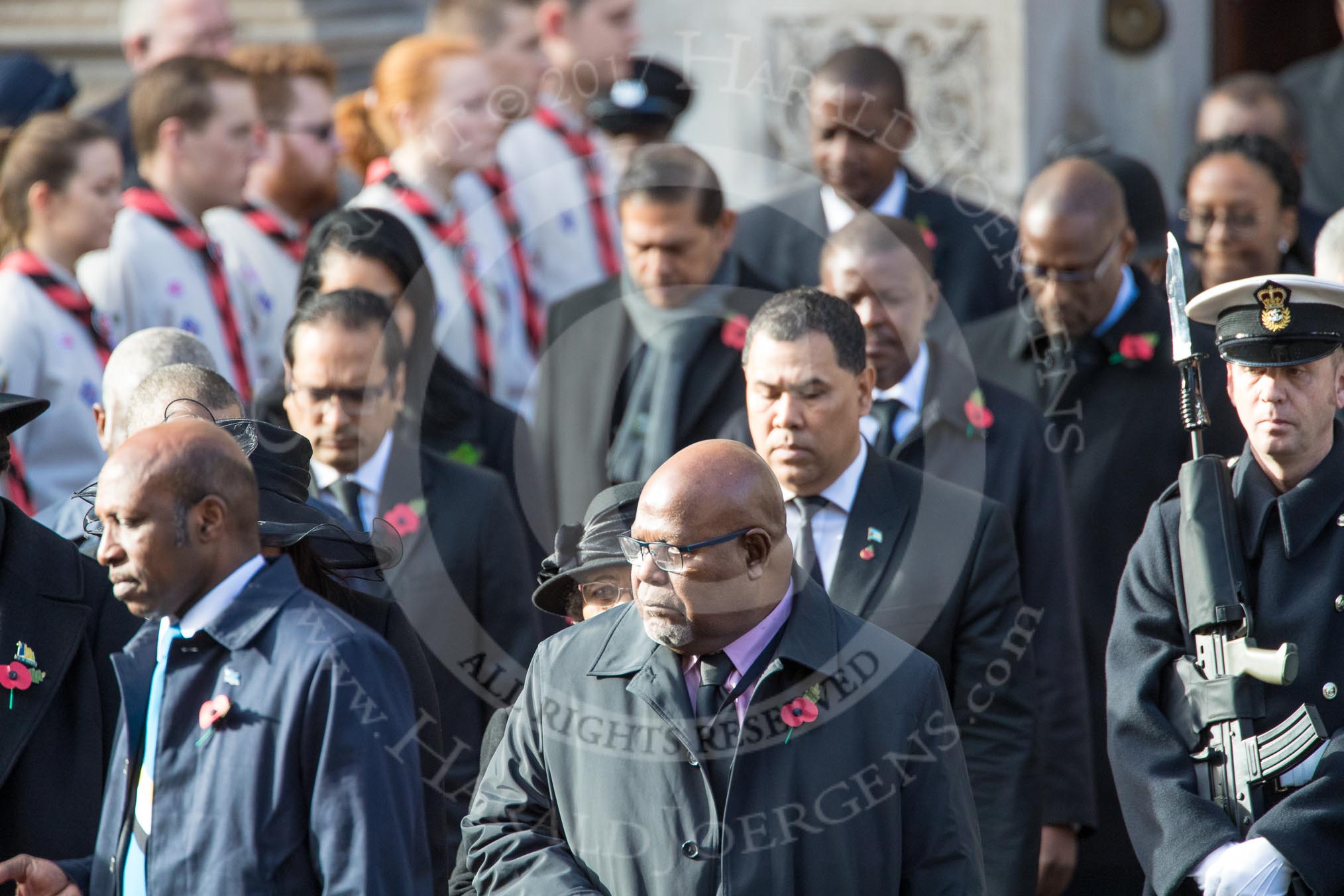 The High Commissioners are leaving the Foreign and Commonwealth Office during the Remembrance Sunday Cenotaph Ceremony 2018 at Horse Guards Parade, Westminster, London, 11 November 2018, 10:56.