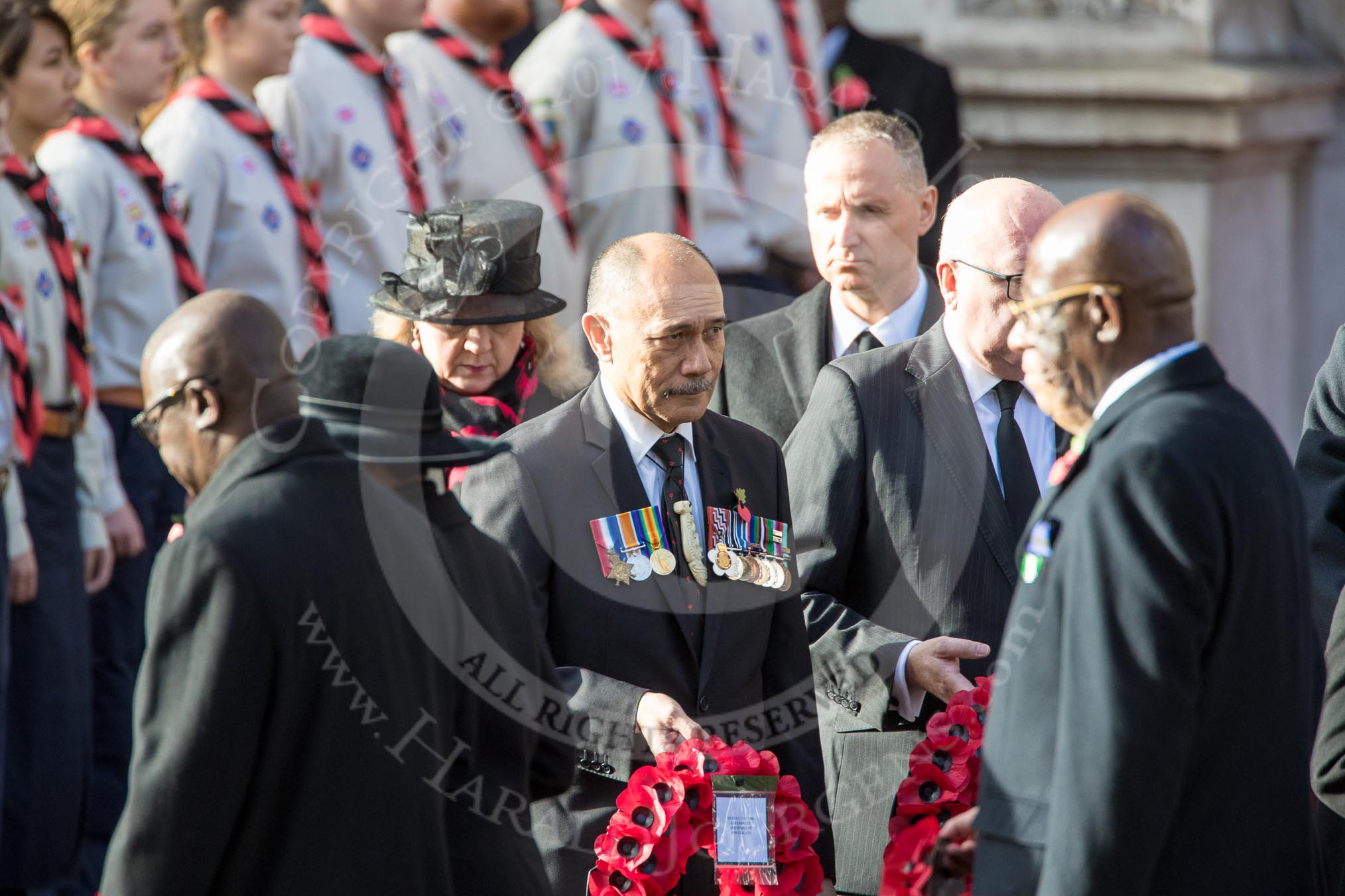 The High Commissioners are leaving the Foreign and Commonwealth Office during the Remembrance Sunday Cenotaph Ceremony 2018 at Horse Guards Parade, Westminster, London, 11 November 2018, 10:56.