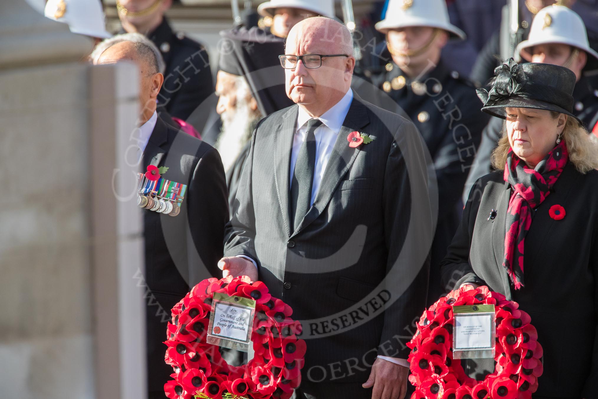 The High Commissioner for Australia, HE George Brandis, and The High Commissioner for Canada, HE Janice Charette, with their wreaths during Remembrance Sunday Cenotaph Ceremony 2018 at Horse Guards Parade, Westminster, London, 11 November 2018, 10:57.