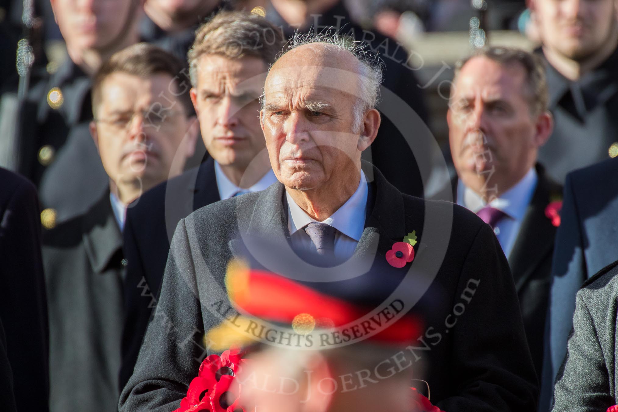 The Rt Hon Vince Cable MP (Leader of the Liberal Democrats) during the Remembrance Sunday Cenotaph Ceremony 2018 at Horse Guards Parade, Westminster, London, 11 November 2018, 11:03.