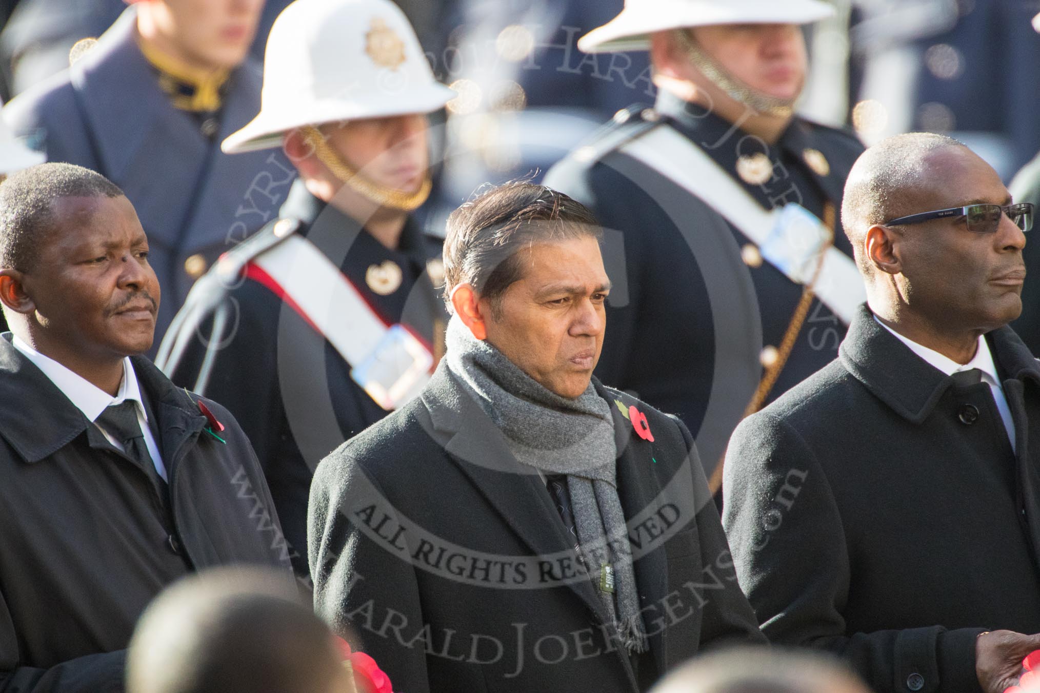 The High Commissioner of Eswatini (the former Swaziland), The High Commissioner of Mauritius, and the The Deputy High Commissioner of Barbados during Remembrance Sunday Cenotaph Ceremony 2018 at Horse Guards Parade, Westminster, London, 11 November 2018, 11:03.