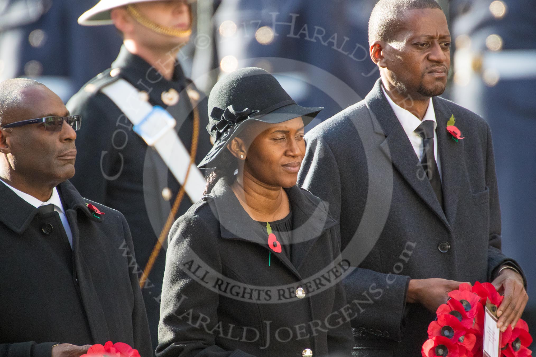 The Deputy High Commissioner of Barbados, The Acting High Commissioner of Lesotho, and the The Acting High Commissioner of Botswana during Remembrance Sunday Cenotaph Ceremony 2018 at Horse Guards Parade, Westminster, London, 11 November 2018, 11:03.