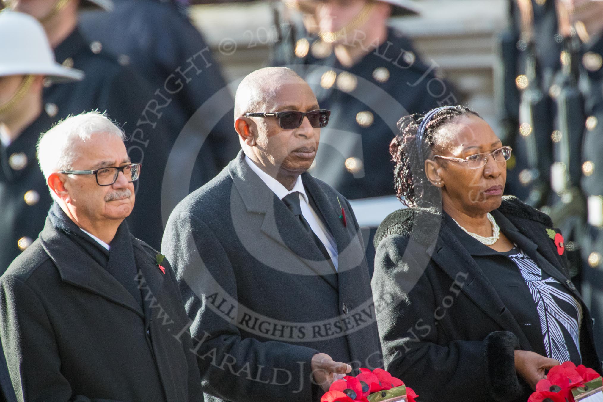 The High Commissioner of Malta, Joesph Cole, the High Commissioner of Malawi, Kena A. Mphonda, and the Acting High Commissioner of Kenya, Mrs. Grace Cerere, during Remembrance Sunday Cenotaph Ceremony 2018 at Horse Guards Parade, Westminster, London, 11 November 2018, 11:04.