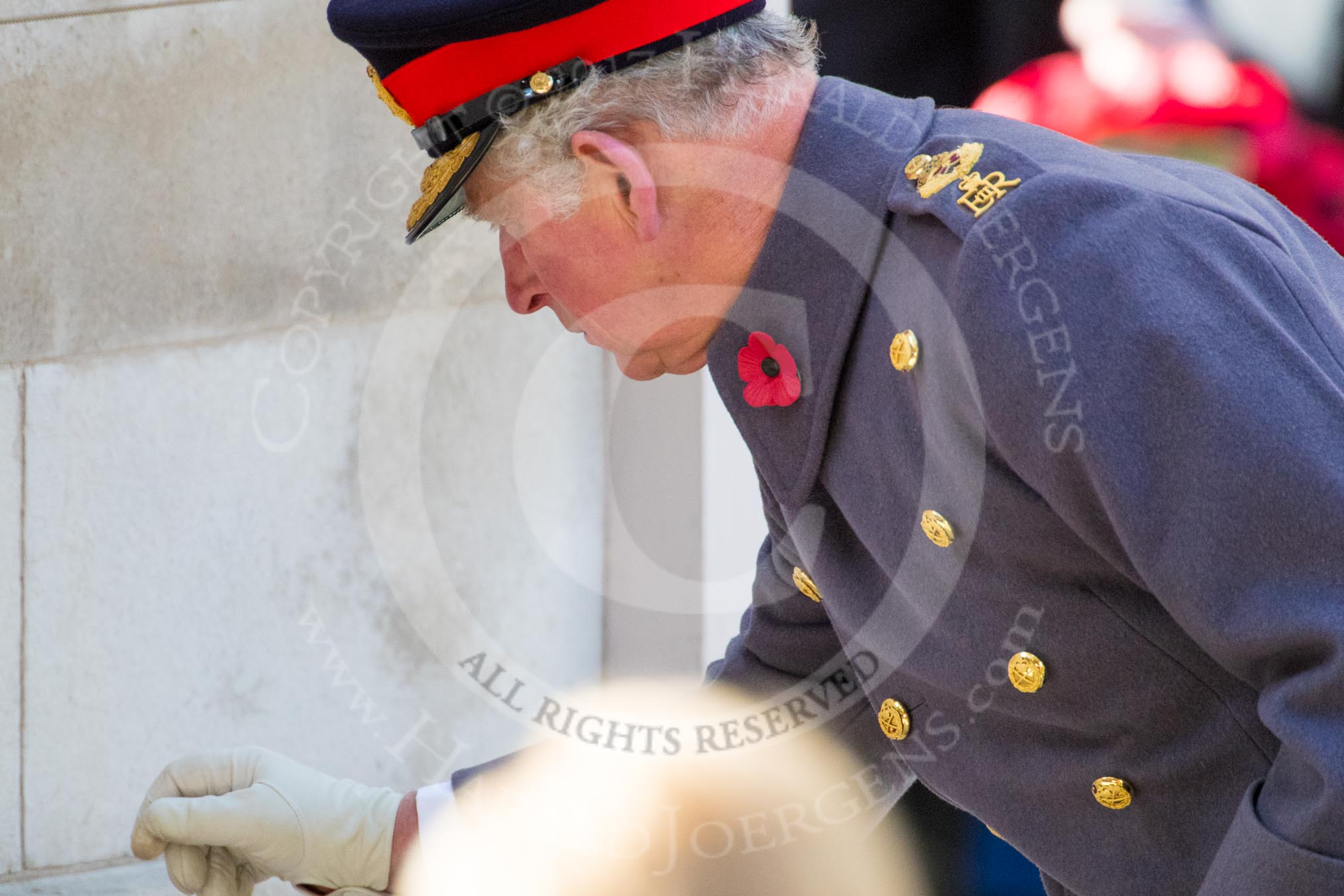 HRH The Prince of Wales (Prince Charles) lays a wreath on behalf of HM The Queen during the Remembrance Sunday Cenotaph Ceremony 2018 at Horse Guards Parade, Westminster, London, 11 November 2018, 11:04.