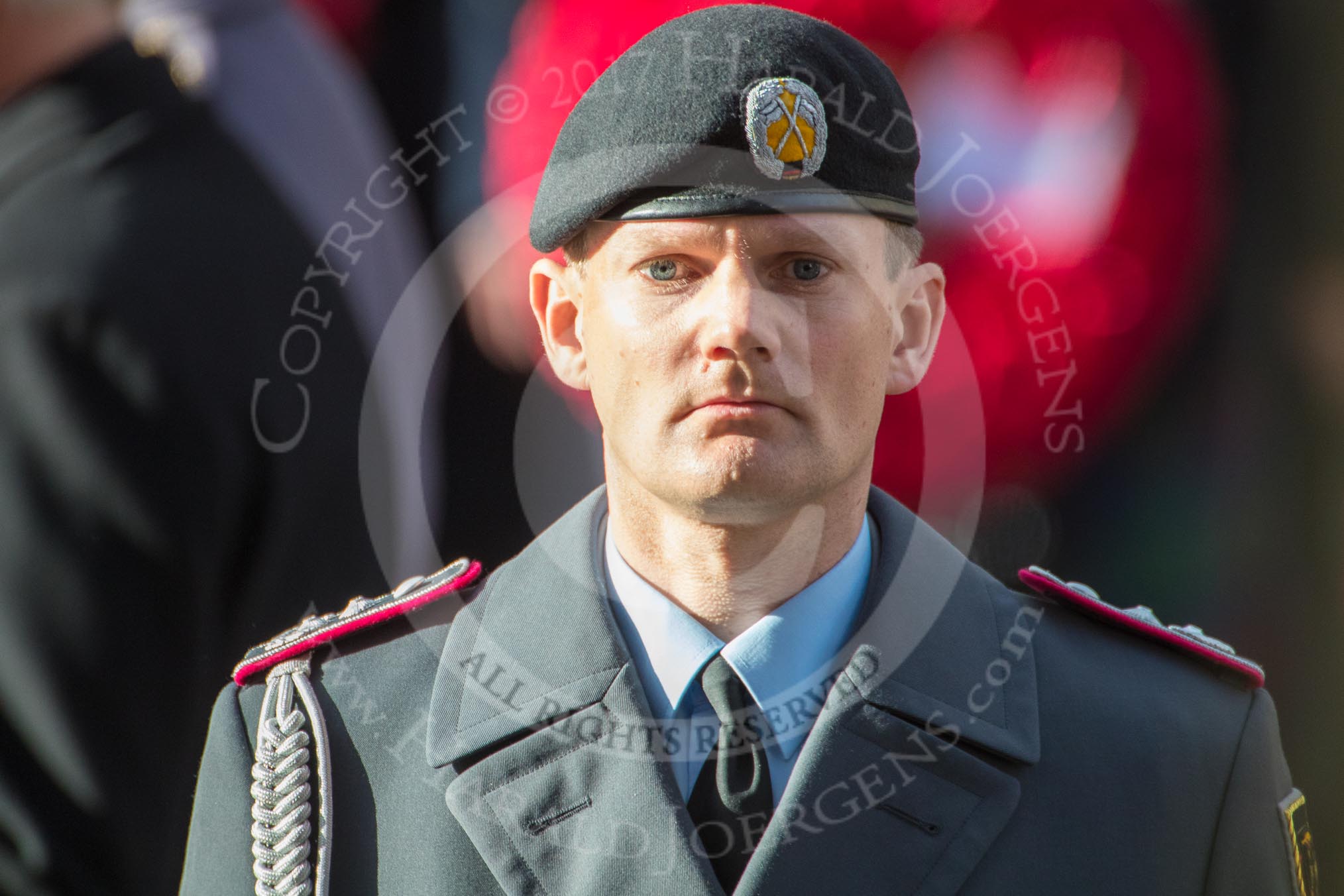 Lieutenant Colonel (German: Oberstleutnant) Christoph Kahnert, Equerry to HE The President of the Federal Republic of Germany   during the Remembrance Sunday Cenotaph Ceremony 2018 at Horse Guards Parade, Westminster, London, 11 November 2018, 11:04.