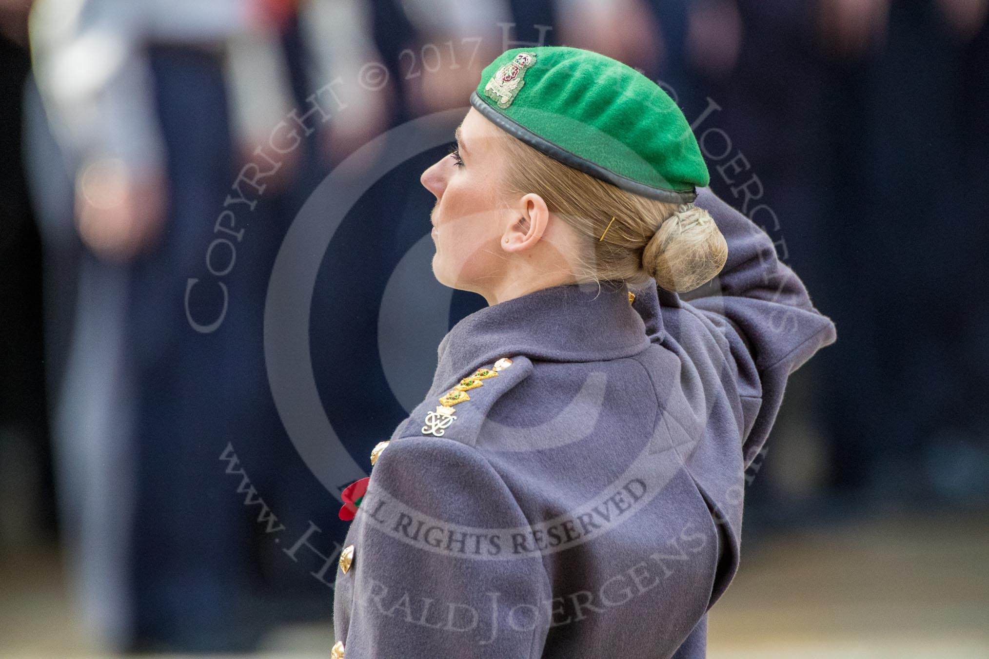 Captain Katherine Coulthard, Equerry to HRH The Duke of Edinburgh   saluting at the Cenotaph after laying a wreath on behalf of the Duke of Edinburgh during the Remembrance Sunday Cenotaph Ceremony 2018 at Horse Guards Parade, Westminster, London, 11 November 2018, 11:05.