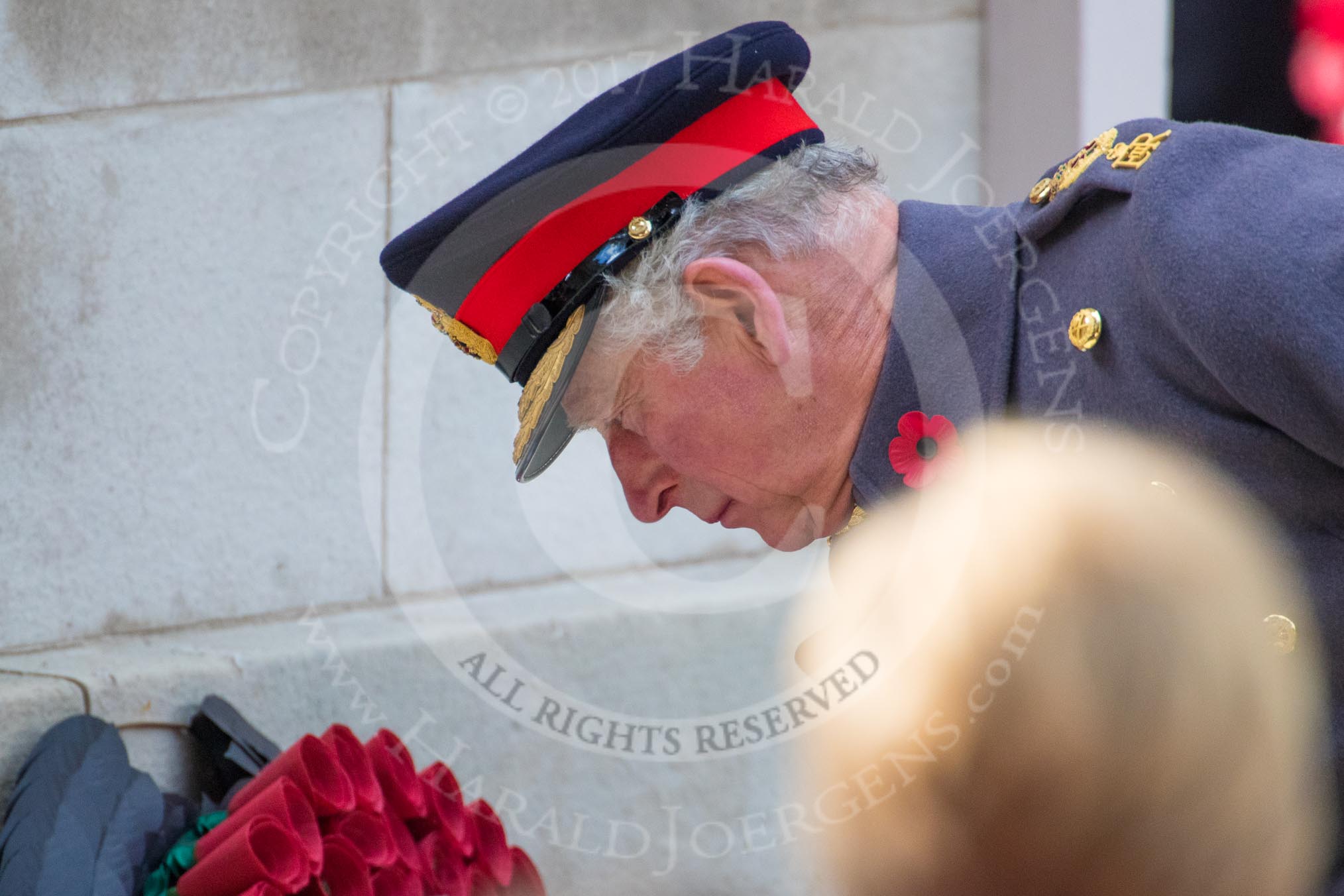 After having laid a wreath on behalf of HM The Queen, HRH The Prince of Wales (Prince Charles) is laying his own wreath during the Remembrance Sunday Cenotaph Ceremony 2018 at Horse Guards Parade, Westminster, London, 11 November 2018, 11:05.