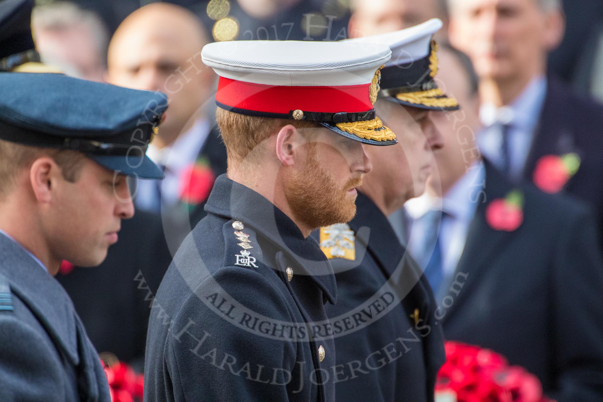 HRH The Duke of Sussex (Prince Harry) in focus between HRH The Duke of Cambridge (Prince William) and HRH The Duke of York (Prince Andrew) during the Remembrance Sunday Cenotaph Ceremony 2018 at Horse Guards Parade, Westminster, London, 11 November 2018, 11:06.