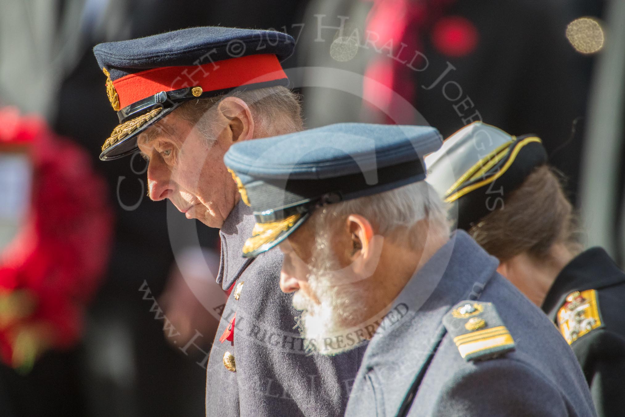 HRH Prince Michael of Kent, HRH The Duke of Kent (Prince Edward), and HRH The Princess Royal (Princess Anne) during the Remembrance Sunday Cenotaph Ceremony 2018 at Horse Guards Parade, Westminster, London, 11 November 2018, 11:06.