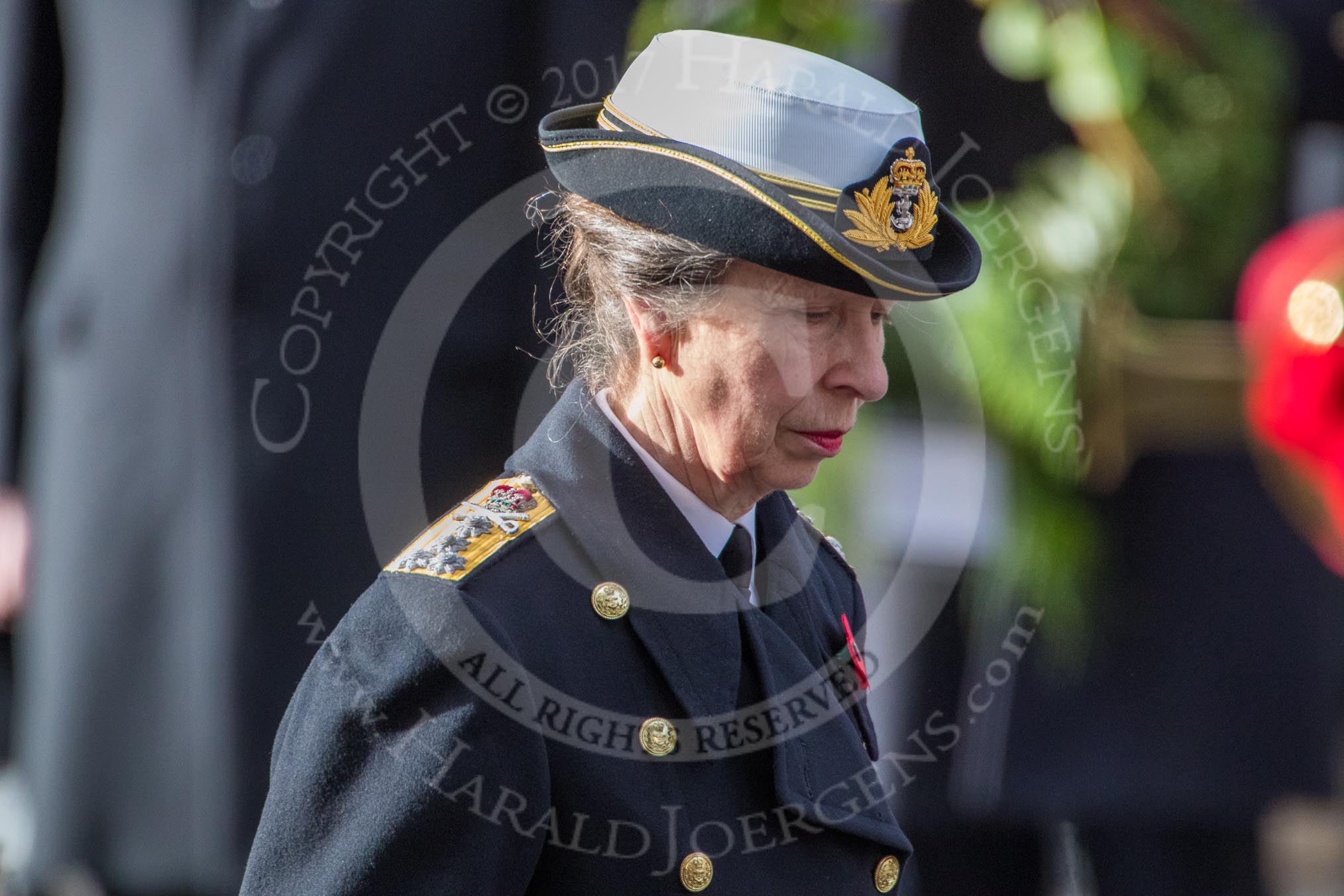 HRH The Princess Royal (Princess Anne) after laying a wreath during the Remembrance Sunday Cenotaph Ceremony 2018 at Horse Guards Parade, Westminster, London, 11 November 2018, 11:07.