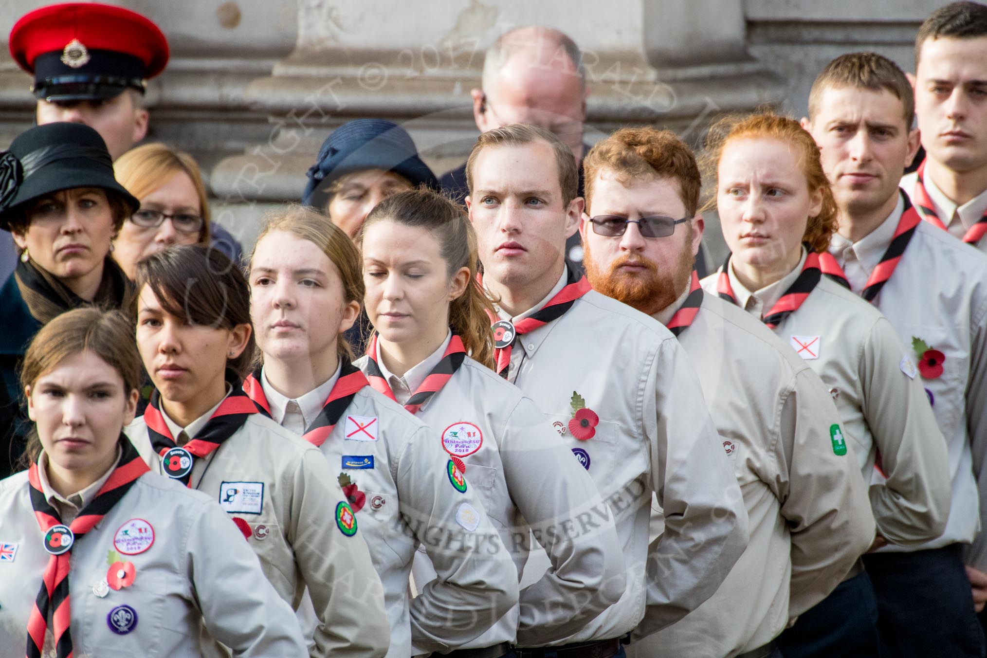 The Queen's Scouts at the entrance of the Foreign and Commonwealth Office during the Remembrance Sunday Cenotaph Ceremony 2018 at Horse Guards Parade, Westminster, London, 11 November 2018, 11:07.