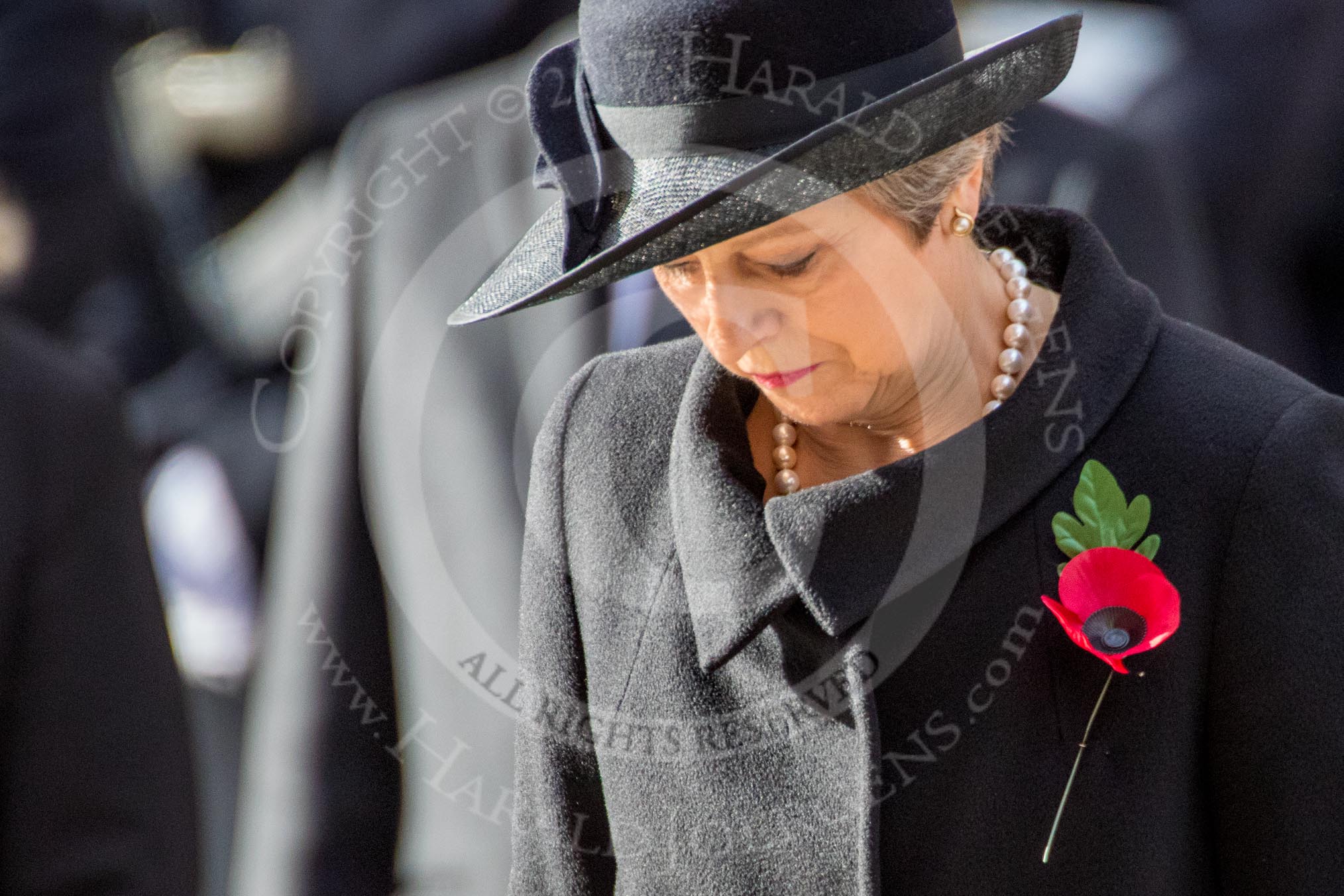 The Rt Hon Theresa May MP, Prime Minister, after laying her wreath on behalf of the Government during the Remembrance Sunday Cenotaph Ceremony 2018 at Horse Guards Parade, Westminster, London, 11 November 2018, 11:07.