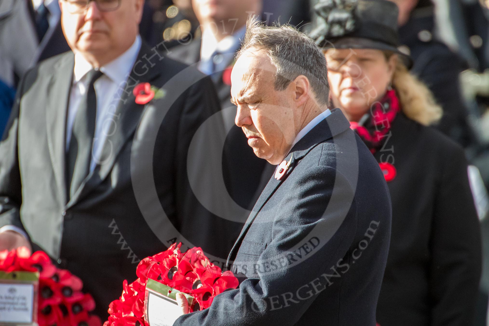 The Rt Hon Nigel Dodds OBE MP (Westminster Democratic Unionist Party Leader) during the Remembrance Sunday Cenotaph Ceremony 2018 at Horse Guards Parade, Westminster, London, 11 November 2018, 11:09.