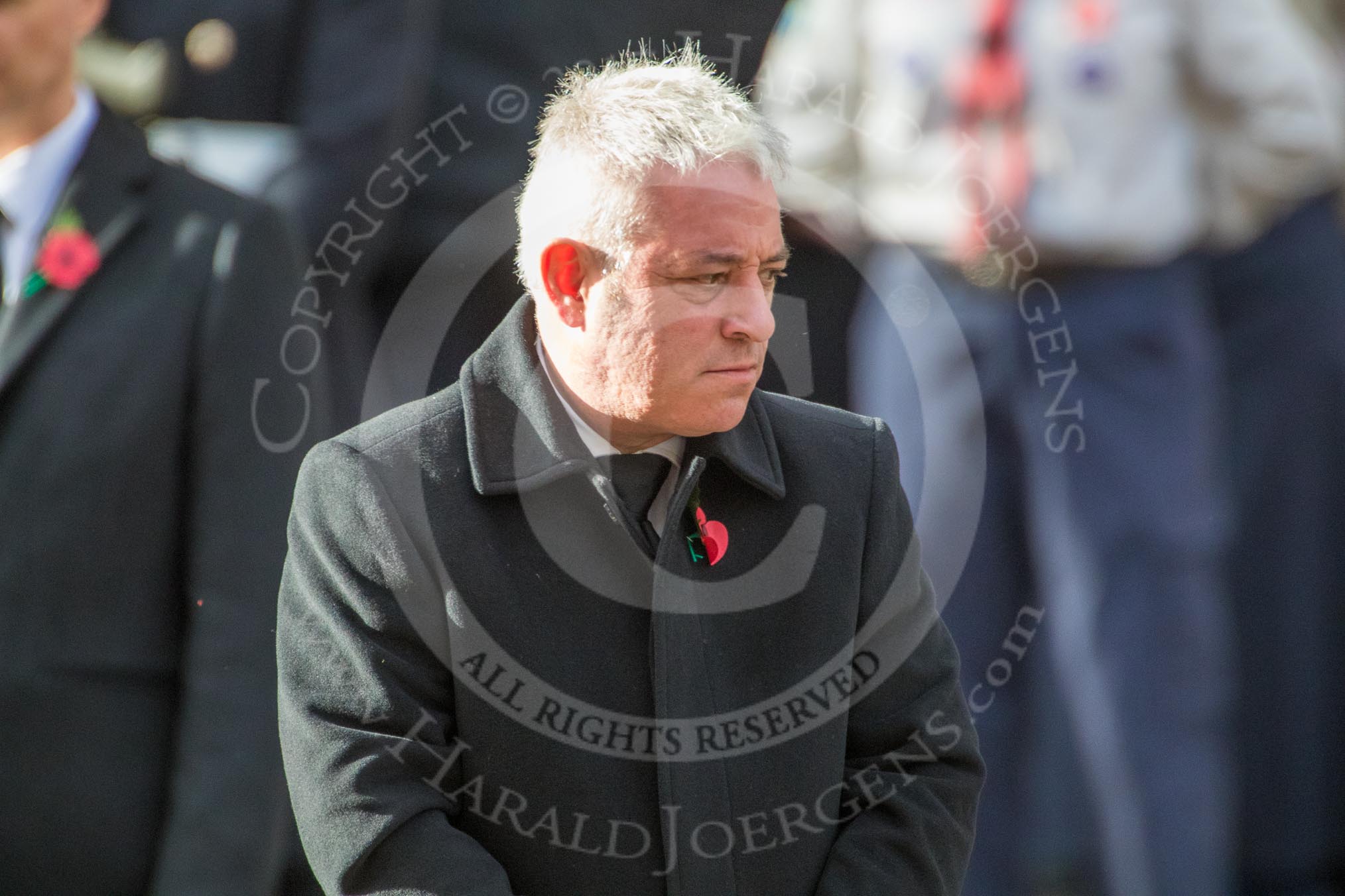 The Rt Hon John Bercow MP, Speaker of the House of Commons (on behalf of Parliament representing members of the House of Commons) after laying his wreath during the Remembrance Sunday Cenotaph Ceremony 2018 at Horse Guards Parade, Westminster, London, 11 November 2018, 11:10.