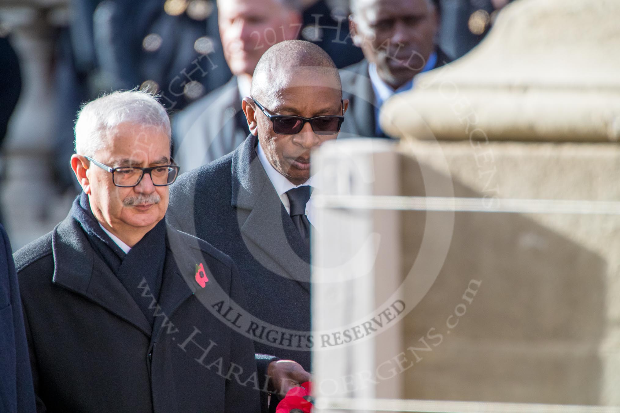 The High Commissioner of Malta, Joseph Cole and the  High Commissioner of Malawi, Mr Kena A. Mphonda, during Remembrance Sunday Cenotaph Ceremony 2018 at Horse Guards Parade, Westminster, London, 11 November 2018, 11:13.