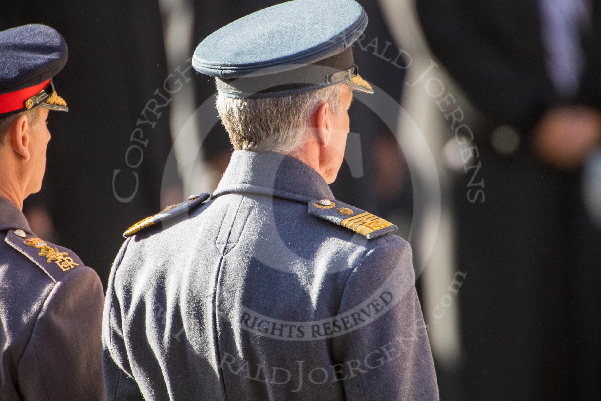 General Mark Carleton ­Smith OBE, Chief of the General Staff and Air Chief Marshal Sir Stephen Hillier KCB CBE DFC ADC, Chief of the Air Staff during the Remembrance Sunday Cenotaph Ceremony 2018 at Horse Guards Parade, Westminster, London, 11 November 2018, 11:16.