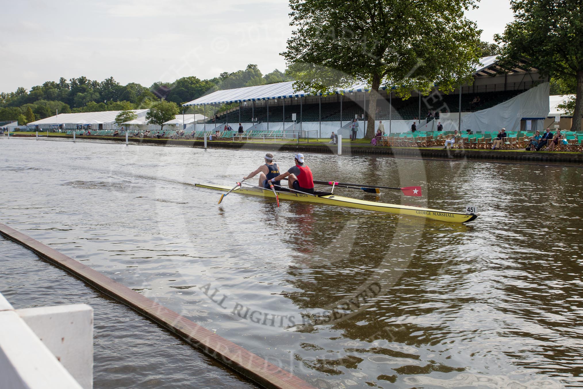 Henley Royal Regatta 2012 (Thursday): Race 5, Double Sculls Challenge Cup:  Potomac Boat Club and Penn Athletic Club & Rowing Association, U.S.A.  (451, Bucks) v Bexhill Rowing Club and horehap Rowing Club (445, Berks).
River Thames beteen Henley-on-Thames and Remenham/Temple Island ,
Henley-on-Thames,
Oxfordshire,
United Kingdom,
on 28 June 2012 at 09:26, image #16