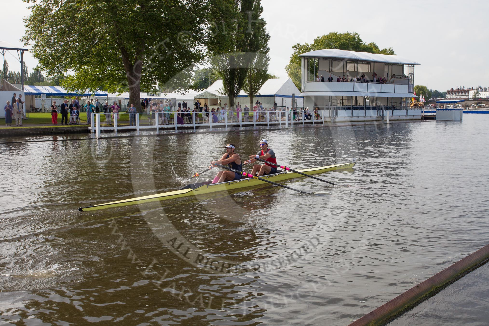 Henley Royal Regatta 2012 (Thursday): Race 5, Double Sculls Challenge Cup:  Potomac Boat Club and Penn Athletic Club & Rowing Association, U.S.A.  (451, Bucks) v Bexhill Rowing Club and horehap Rowing Club (445, Berks).
River Thames beteen Henley-on-Thames and Remenham/Temple Island ,
Henley-on-Thames,
Oxfordshire,
United Kingdom,
on 28 June 2012 at 09:26, image #17