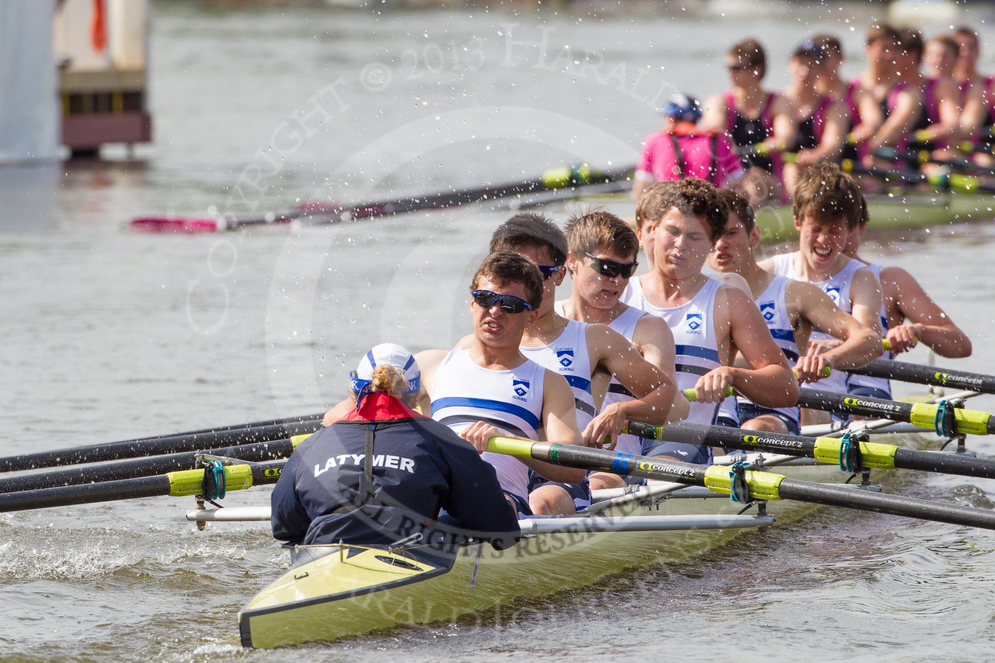 Henley Royal Regatta 2012 (Thursday): Race 12, Princess Elizabeth Challenge Cup:  Latymer Upper School  (140, Bucks) v Abingdon School  (122, Berks).
River Thames beteen Henley-on-Thames and Remenham/Temple Island ,
Henley-on-Thames,
Oxfordshire,
United Kingdom,
on 28 June 2012 at 10:10, image #74