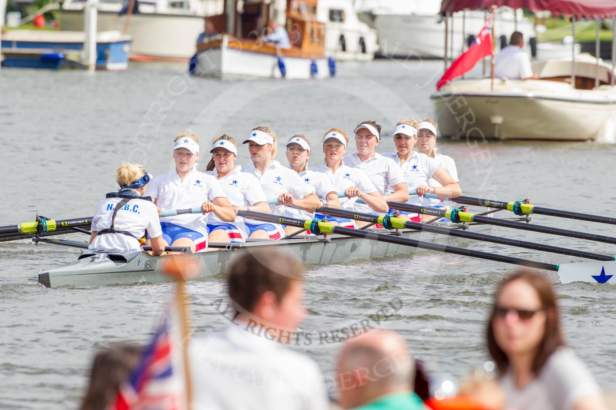 Henley Royal Regatta 2012 (Thursday): The NewcastleUniversity Eight on the way to the start.
River Thames beteen Henley-on-Thames and Remenham/Temple Island ,
Henley-on-Thames,
Oxfordshire,
United Kingdom,
on 28 June 2012 at 10:35, image #105