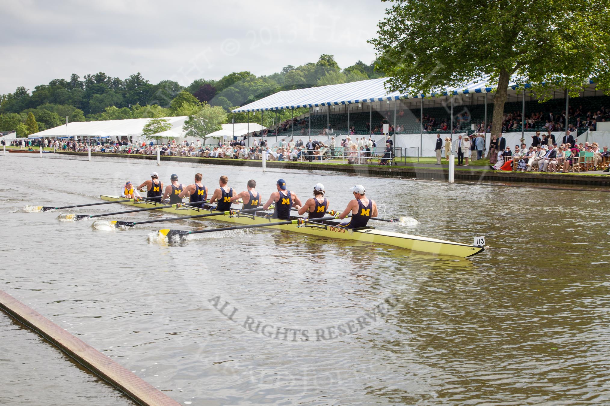 Henley Royal Regatta 2012 (Thursday): Race 17, Temple Challenge Cup:  University of Michigan, U.S.A. (113, Bucks) v Brown University, U.S.A.  (62, Berks).
River Thames beteen Henley-on-Thames and Remenham/Temple Island ,
Henley-on-Thames,
Oxfordshire,
United Kingdom,
on 28 June 2012 at 10:41, image #115