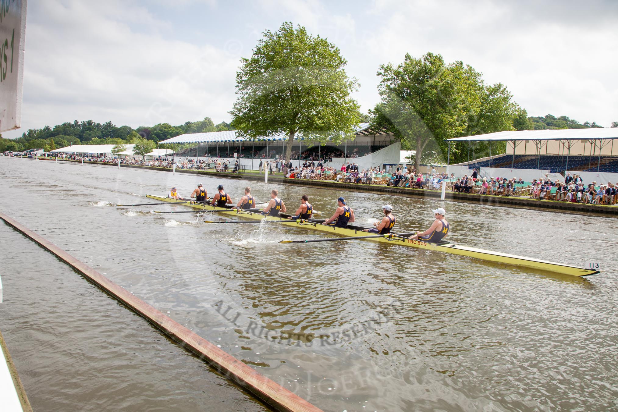 Henley Royal Regatta 2012 (Thursday): Race 17, Temple Challenge Cup:  University of Michigan, U.S.A. (113, Bucks) v Brown University, U.S.A.  (62, Berks).
River Thames beteen Henley-on-Thames and Remenham/Temple Island ,
Henley-on-Thames,
Oxfordshire,
United Kingdom,
on 28 June 2012 at 10:41, image #116