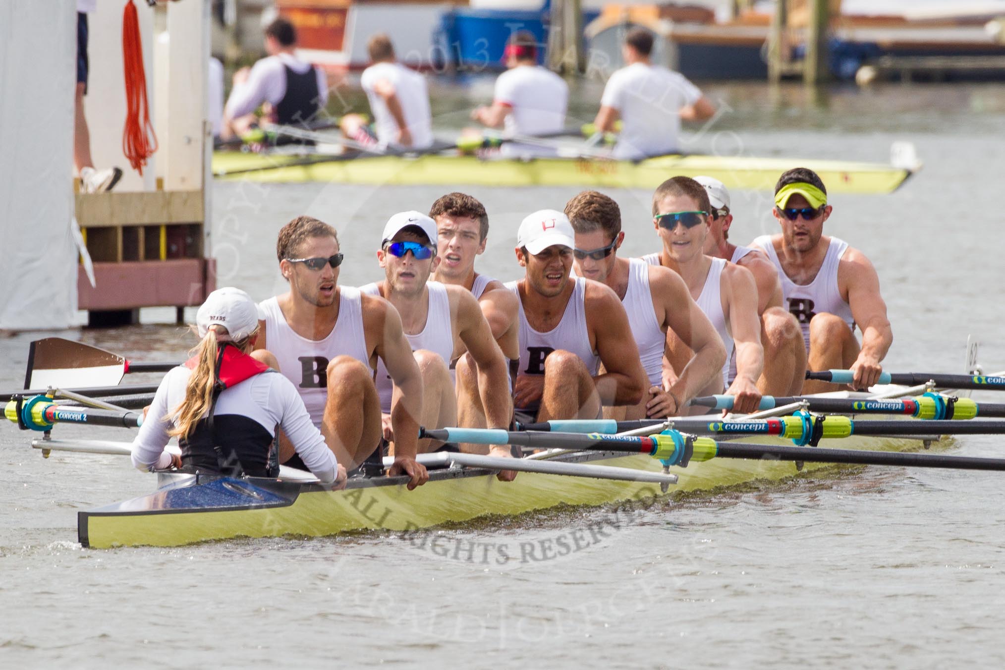 Henley Royal Regatta 2012 (Thursday): Race 17, Temple Challenge Cup:  University of Michigan, U.S.A. (113, Bucks) v Brown University, U.S.A.  (62, Berks).
River Thames beteen Henley-on-Thames and Remenham/Temple Island ,
Henley-on-Thames,
Oxfordshire,
United Kingdom,
on 28 June 2012 at 10:41, image #117