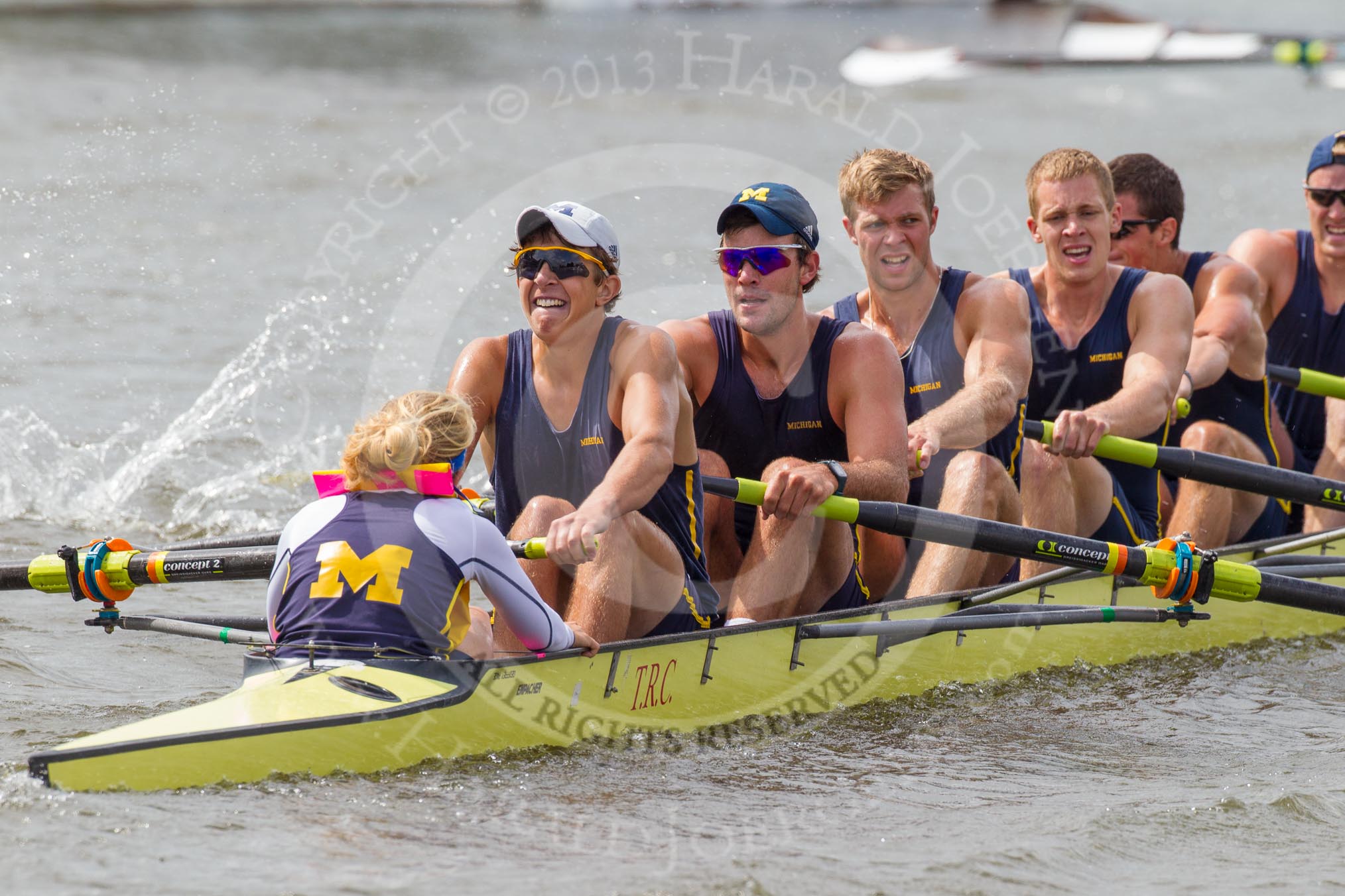 Henley Royal Regatta 2012 (Thursday): Race 17, Temple Challenge Cup:  University of Michigan, U.S.A. (113, Bucks) v Brown University, U.S.A.  (62, Berks).
River Thames beteen Henley-on-Thames and Remenham/Temple Island ,
Henley-on-Thames,
Oxfordshire,
United Kingdom,
on 28 June 2012 at 10:41, image #118