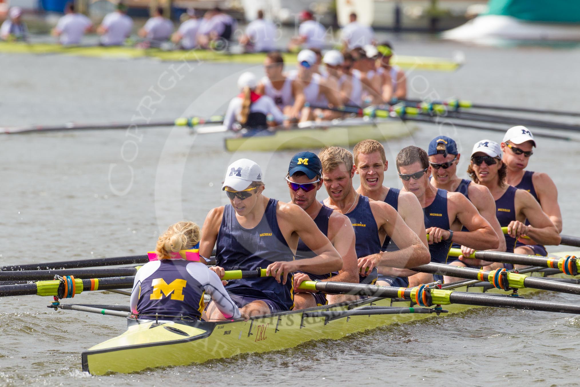 Henley Royal Regatta 2012 (Thursday): Race 17, Temple Challenge Cup:  University of Michigan, U.S.A. (113, Bucks) v Brown University, U.S.A.  (62, Berks).
River Thames beteen Henley-on-Thames and Remenham/Temple Island ,
Henley-on-Thames,
Oxfordshire,
United Kingdom,
on 28 June 2012 at 10:41, image #119