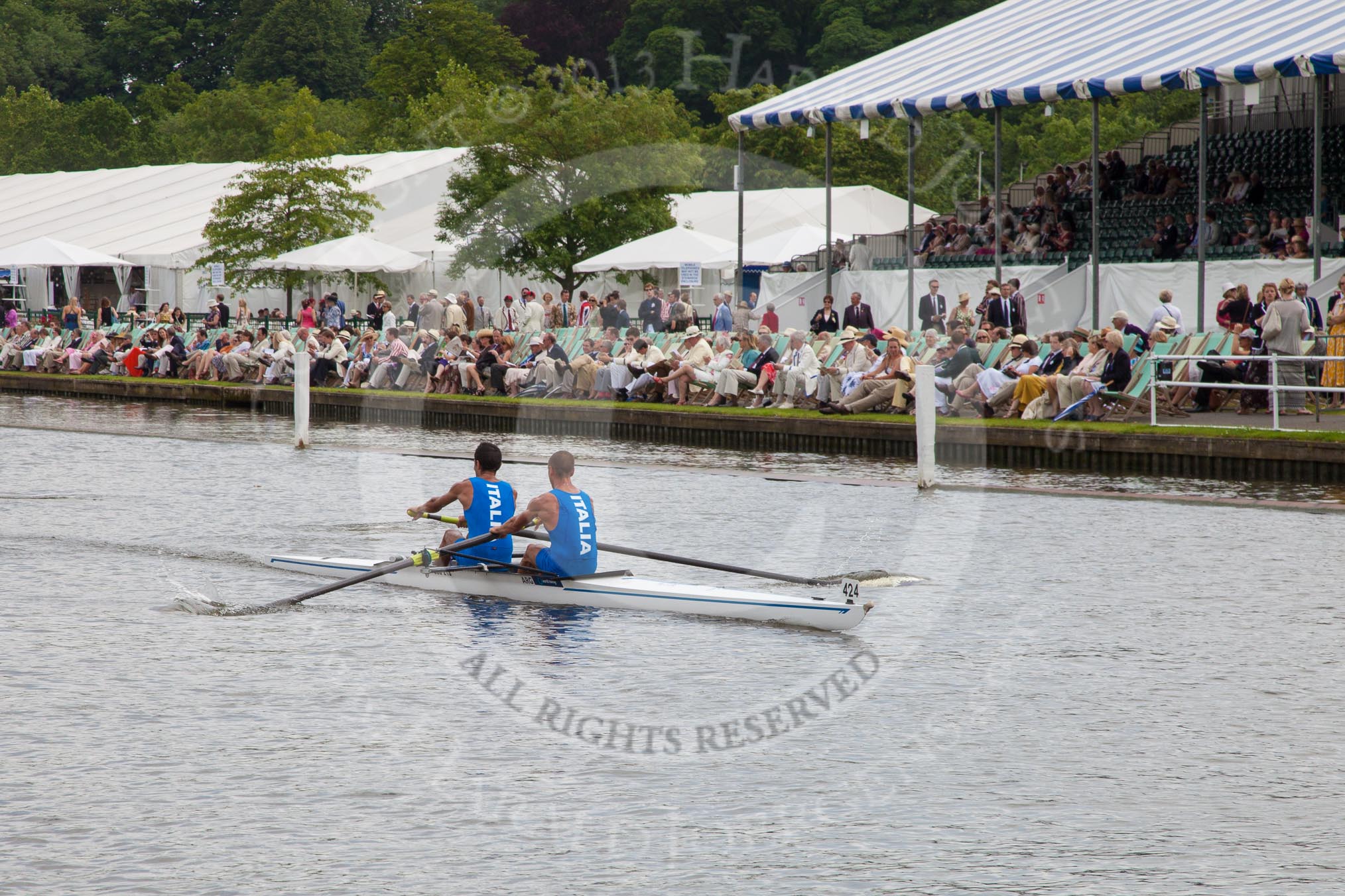 Henley Royal Regatta 2012 (Thursday): Race 20, Silver Goblet's & Nickalls' Challenge Cup:  Maidstone Invicta Rowing Club (429, Bucks) v Centro Nazionale di Canottaggio Piedulcu, Italy  (424, Berks).
River Thames beteen Henley-on-Thames and Remenham/Temple Island ,
Henley-on-Thames,
Oxfordshire,
United Kingdom,
on 28 June 2012 at 10:57, image #136