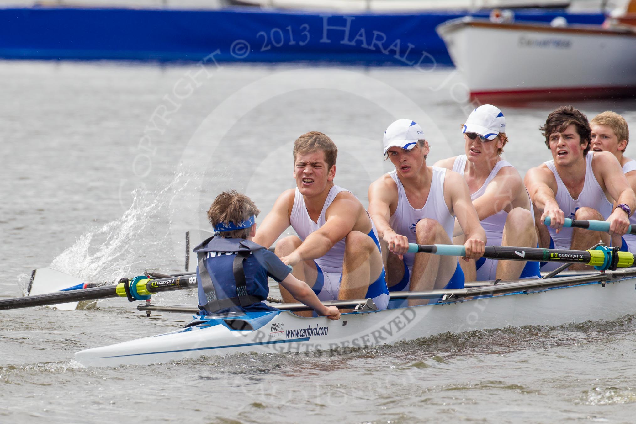 Henley Royal Regatta 2012 (Thursday): Race 21, Princess Elizabeth Challenge Cup:  Belmont Hill School, U.S.A. (126, Bucks) v Canford School  (130, Berks).
River Thames beteen Henley-on-Thames and Remenham/Temple Island ,
Henley-on-Thames,
Oxfordshire,
United Kingdom,
on 28 June 2012 at 11:06, image #148