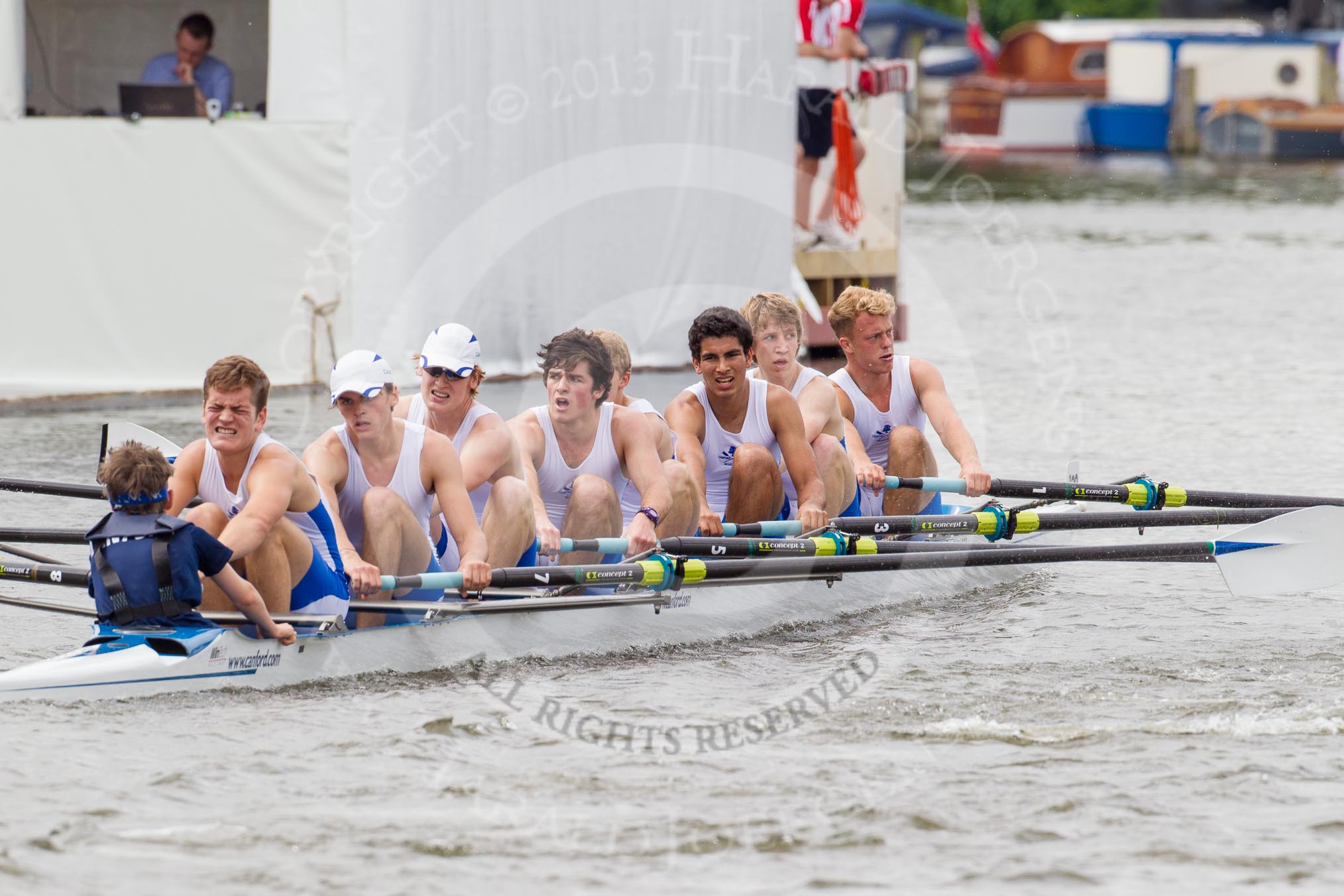 Henley Royal Regatta 2012 (Thursday): Race 21, Princess Elizabeth Challenge Cup:  Belmont Hill School, U.S.A. (126, Bucks) v Canford School  (130, Berks).
River Thames beteen Henley-on-Thames and Remenham/Temple Island ,
Henley-on-Thames,
Oxfordshire,
United Kingdom,
on 28 June 2012 at 11:06, image #149