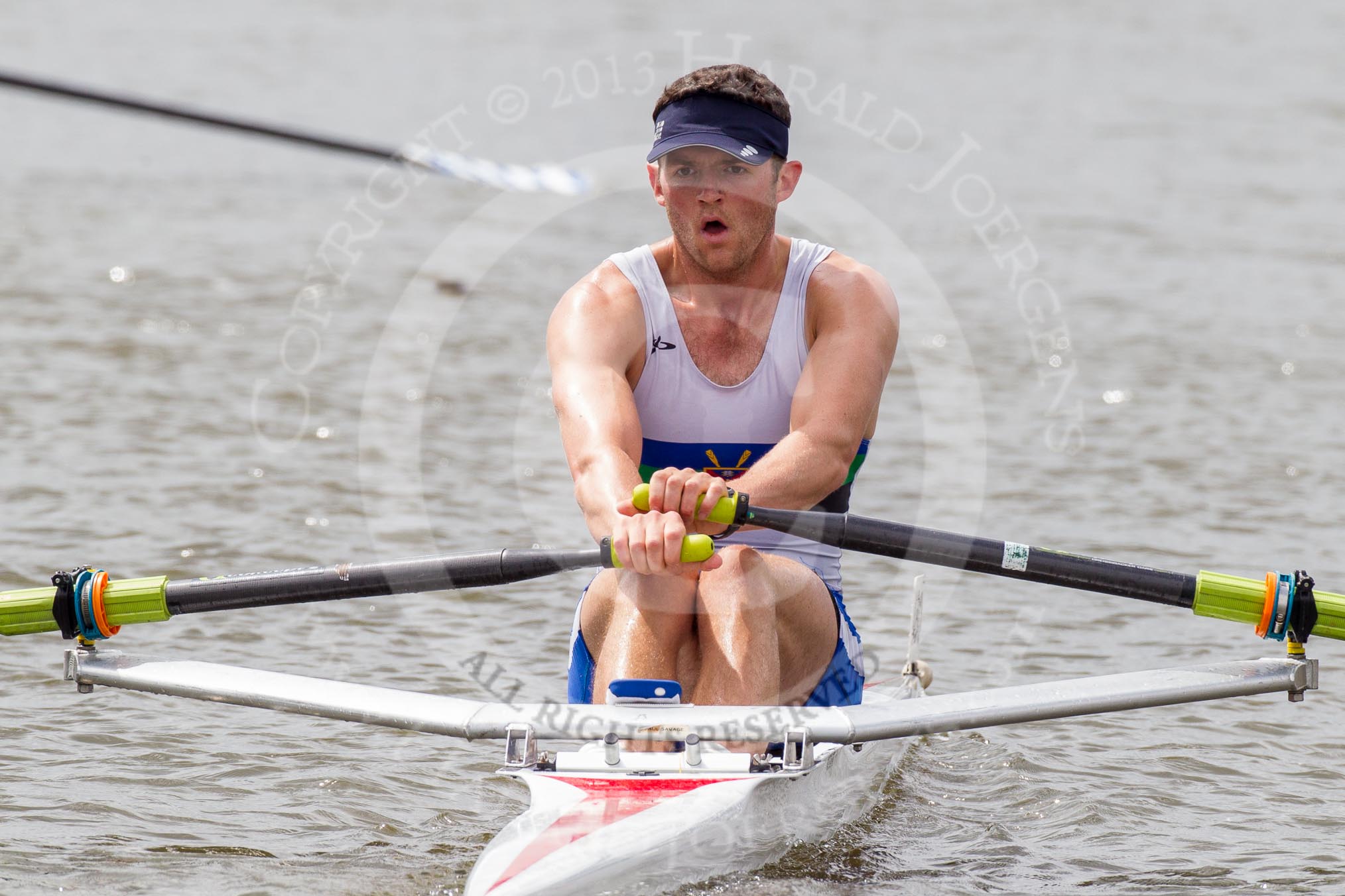 Henley Royal Regatta 2012 (Thursday): Race 25, Diamond Challenge Sculls:  Queen's University, Belfast (480, Bucks) v Club Salvadoreno, El Salvador  (465, Berks).
River Thames beteen Henley-on-Thames and Remenham/Temple Island ,
Henley-on-Thames,
Oxfordshire,
United Kingdom,
on 28 June 2012 at 11:28, image #179