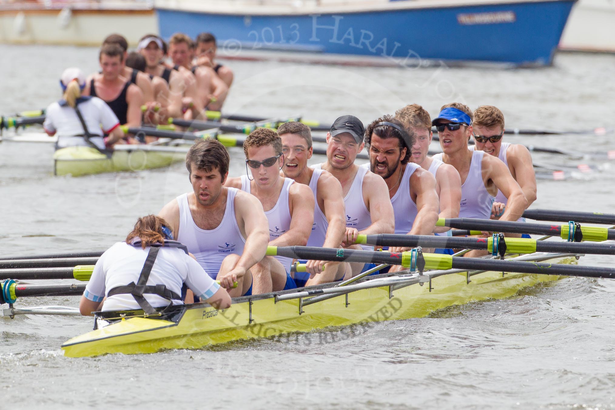 Henley Royal Regatta 2012 (Thursday): Race 26, Thames Challenge Cup:  Curlew Rowing Club 'A' (22, Bucks) v Thames Rowing Club 'A'  (47, Berks).
River Thames beteen Henley-on-Thames and Remenham/Temple Island ,
Henley-on-Thames,
Oxfordshire,
United Kingdom,
on 28 June 2012 at 11:35, image #187